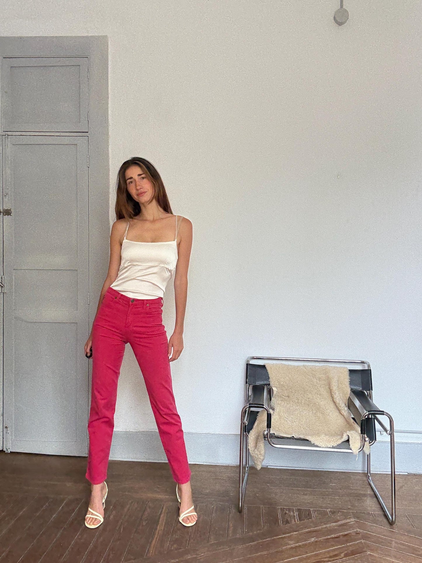 Vintage Armani Jeans Red Trousers – Size 28 – Designer Statement Pants