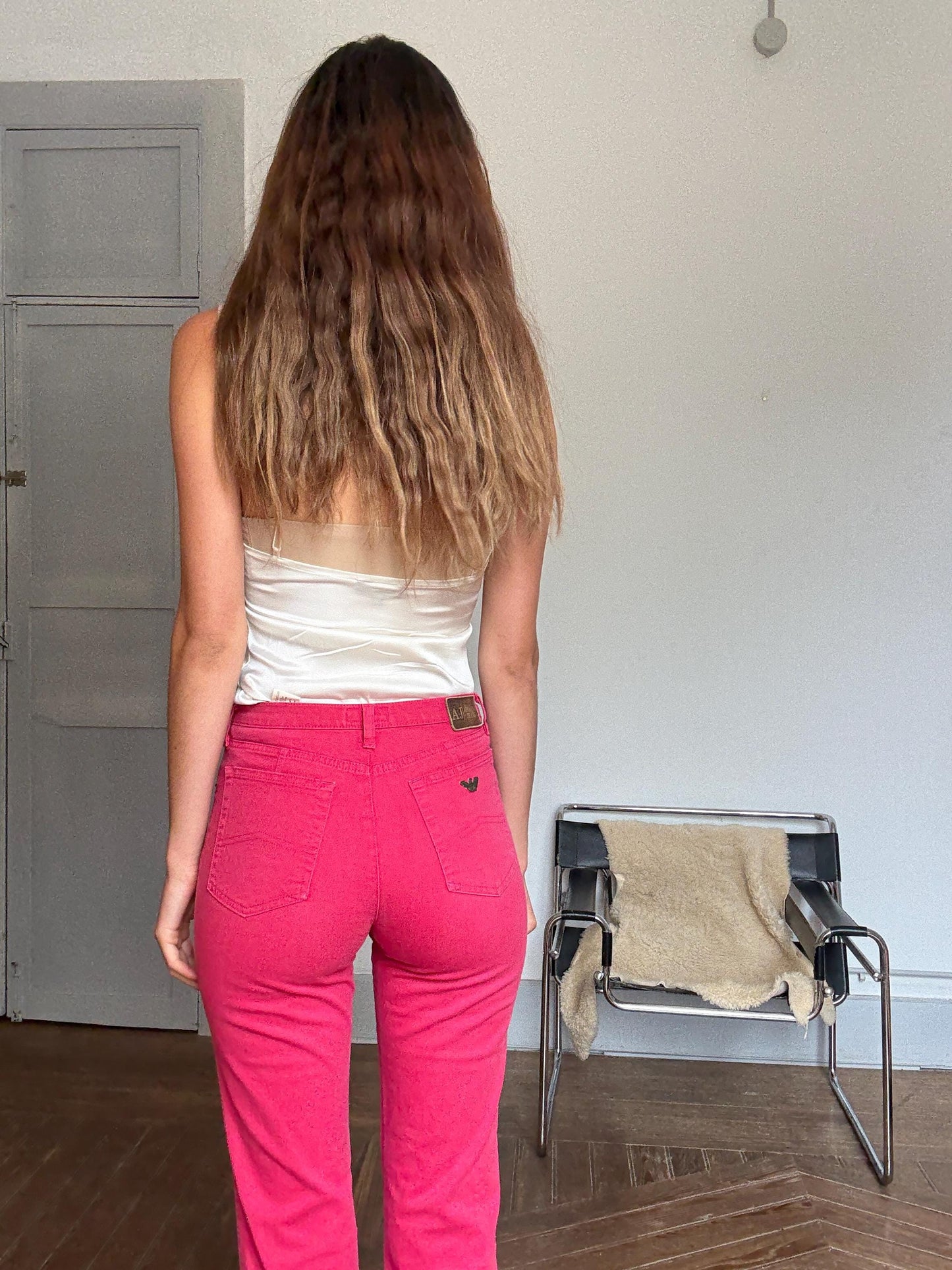 Vintage Armani Jeans Red Trousers – Size 28 – Designer Statement Pants