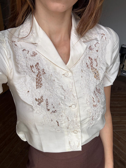 Hand embroidered silk women's blouse, Feminine button down, Organic draping wear, Floral embroidered romantic top, Cottage core shirt