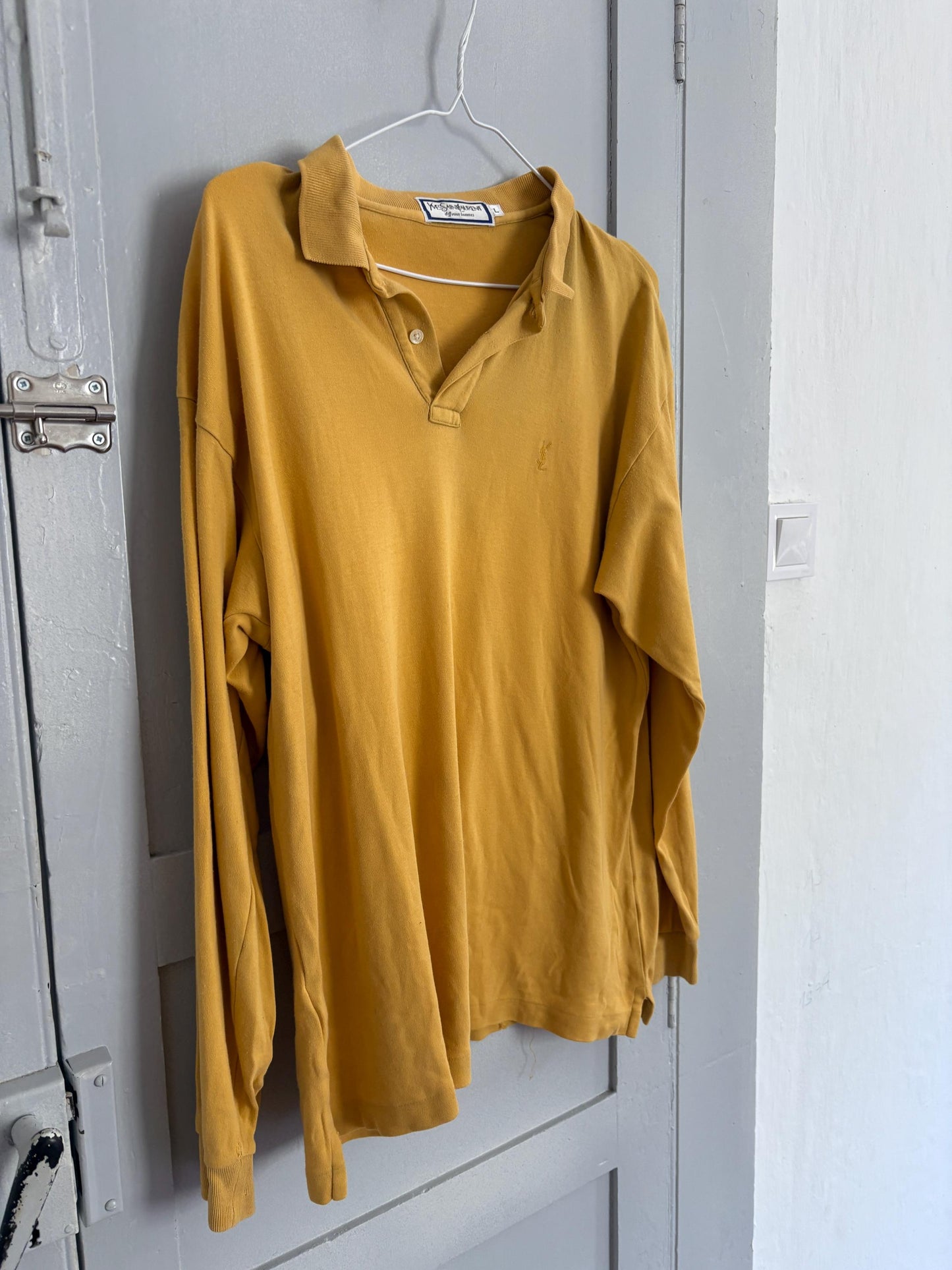 vintage Yves Saint Laurent long sleeve polo shirt, Diffusion Hommes 100% cotton YSL top, mustard yellow size L