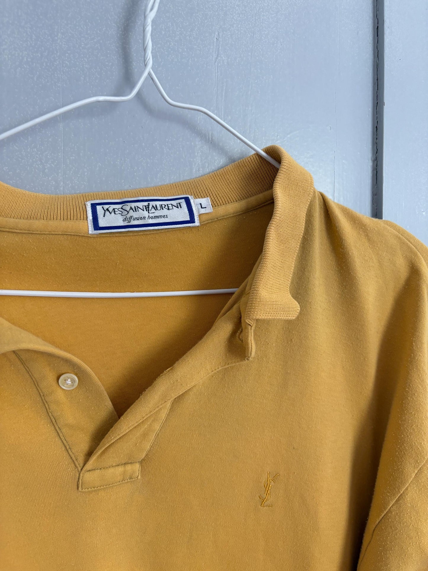 vintage Yves Saint Laurent long sleeve polo shirt, Diffusion Hommes 100% cotton YSL top, mustard yellow size L