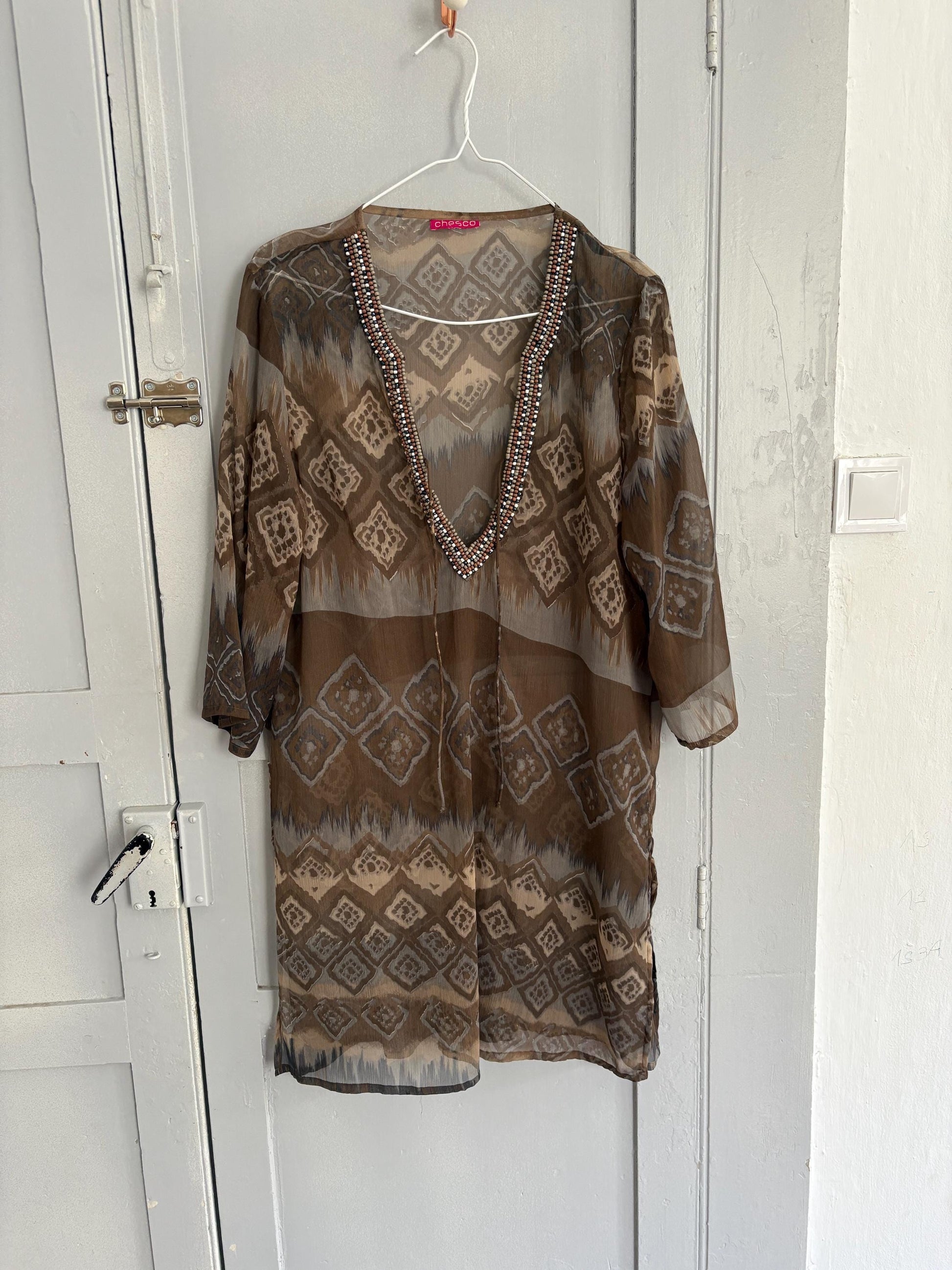 Sheer woman dress beach cover up, Bbeaded neckline boho tunic, Faftan style sexy sheer dress, Size S