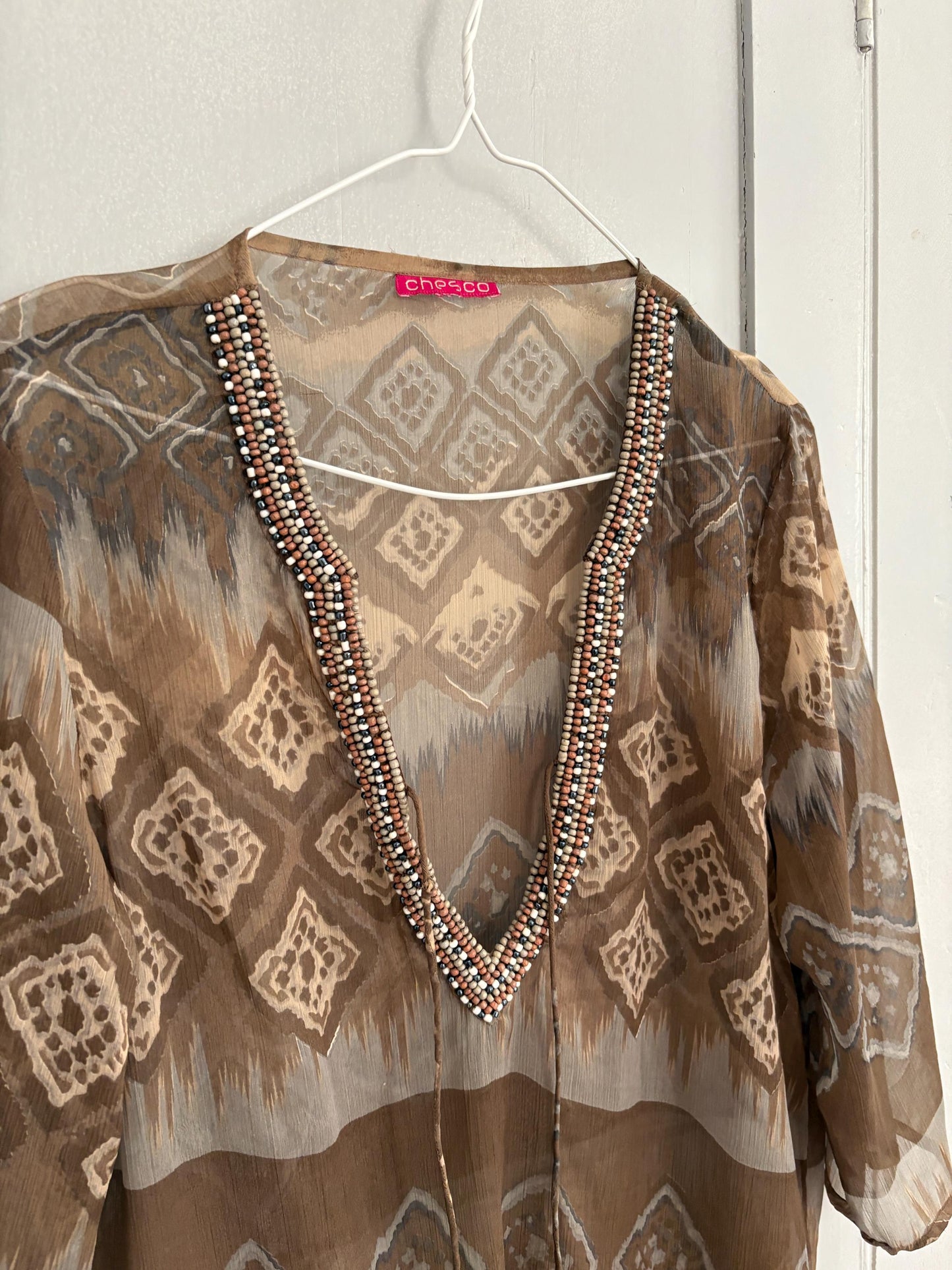 Sheer woman dress beach cover up, Bbeaded neckline boho tunic, Faftan style sexy sheer dress, Size S