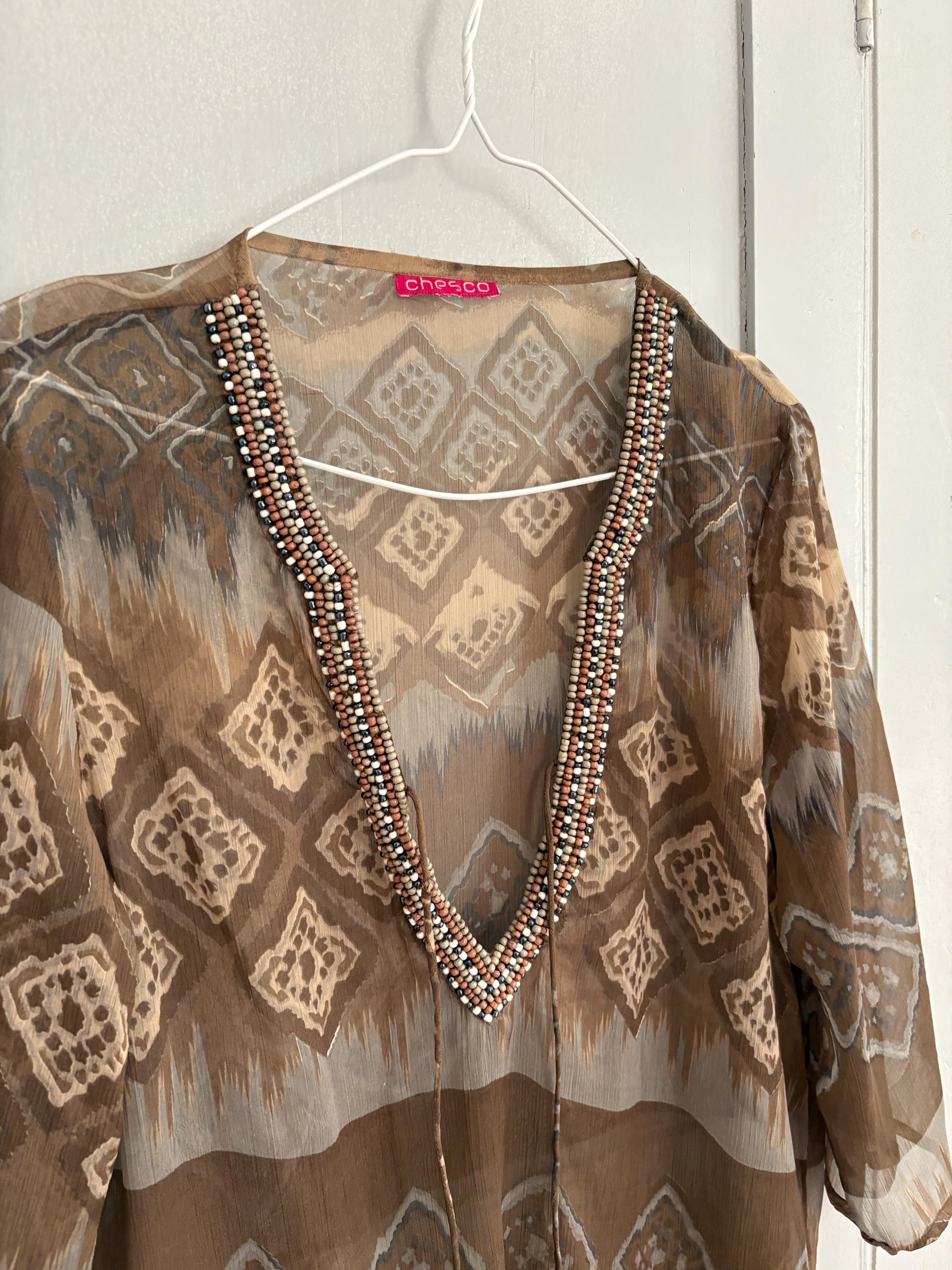Sheer woman dress beach cover up, Bbeaded neckline boho tunic, Faftan style sexy sheer dress, Size S