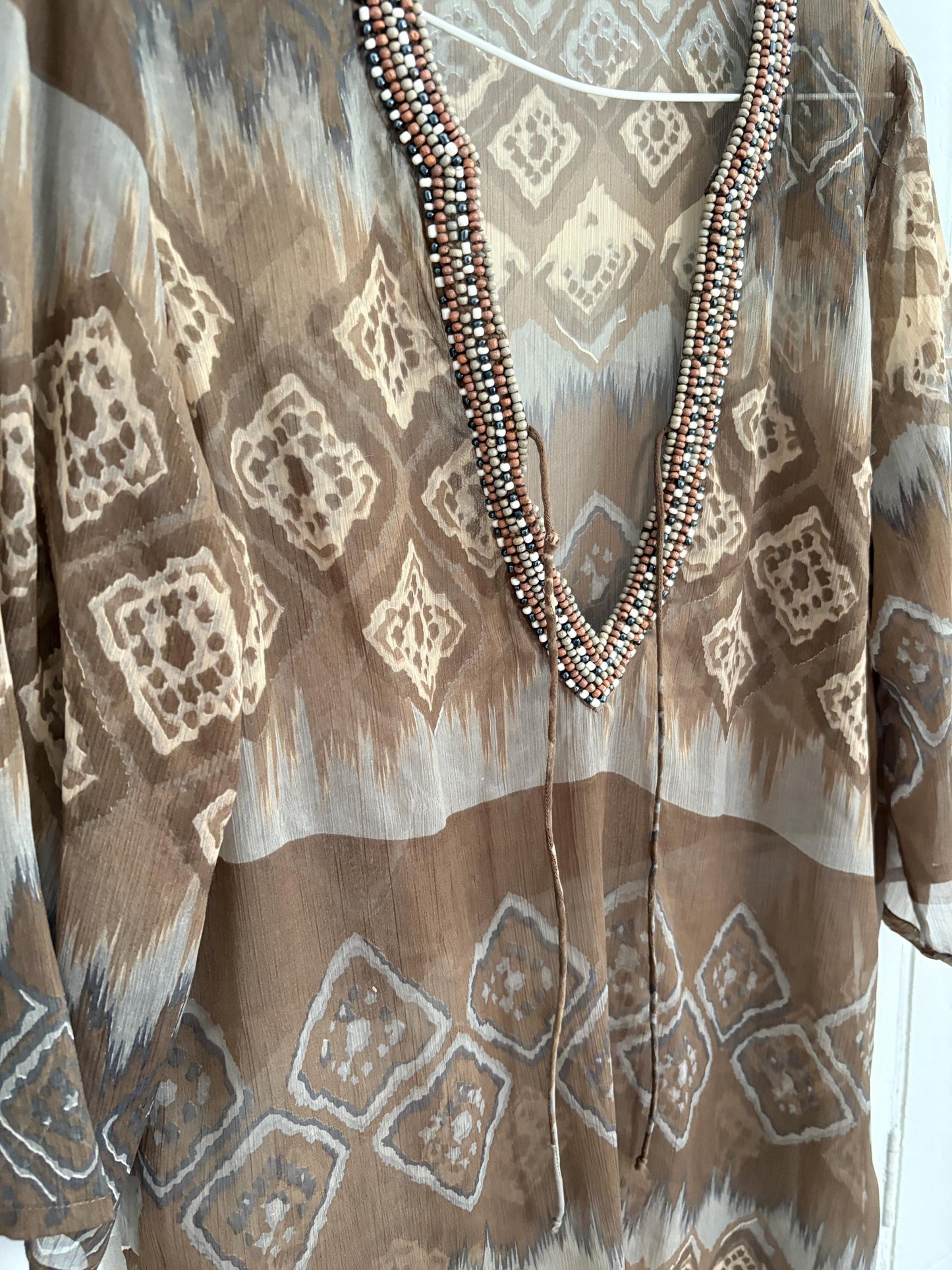 Sheer woman dress beach cover up, Bbeaded neckline boho tunic, Faftan style sexy sheer dress, Size S