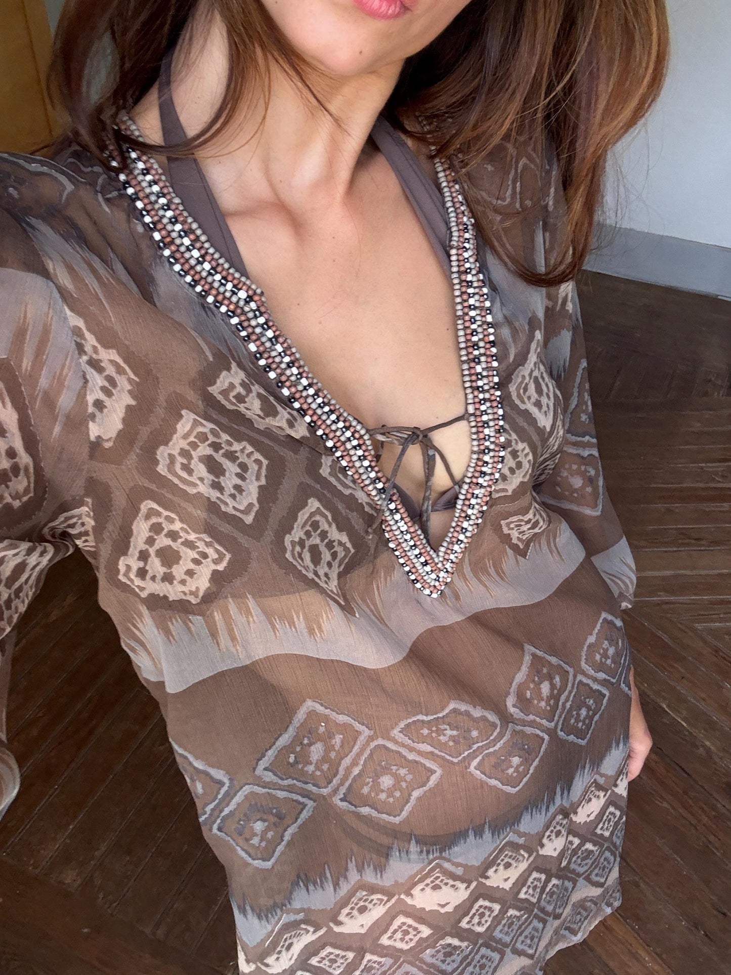 Sheer woman dress beach cover up, Bbeaded neckline boho tunic, Faftan style sexy sheer dress, Size S