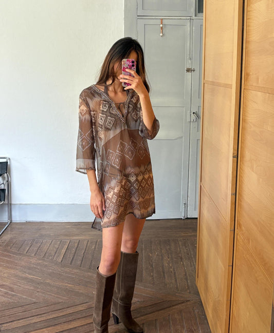 Sheer woman dress beach cover up, Bbeaded neckline boho tunic, Faftan style sexy sheer dress, Size S