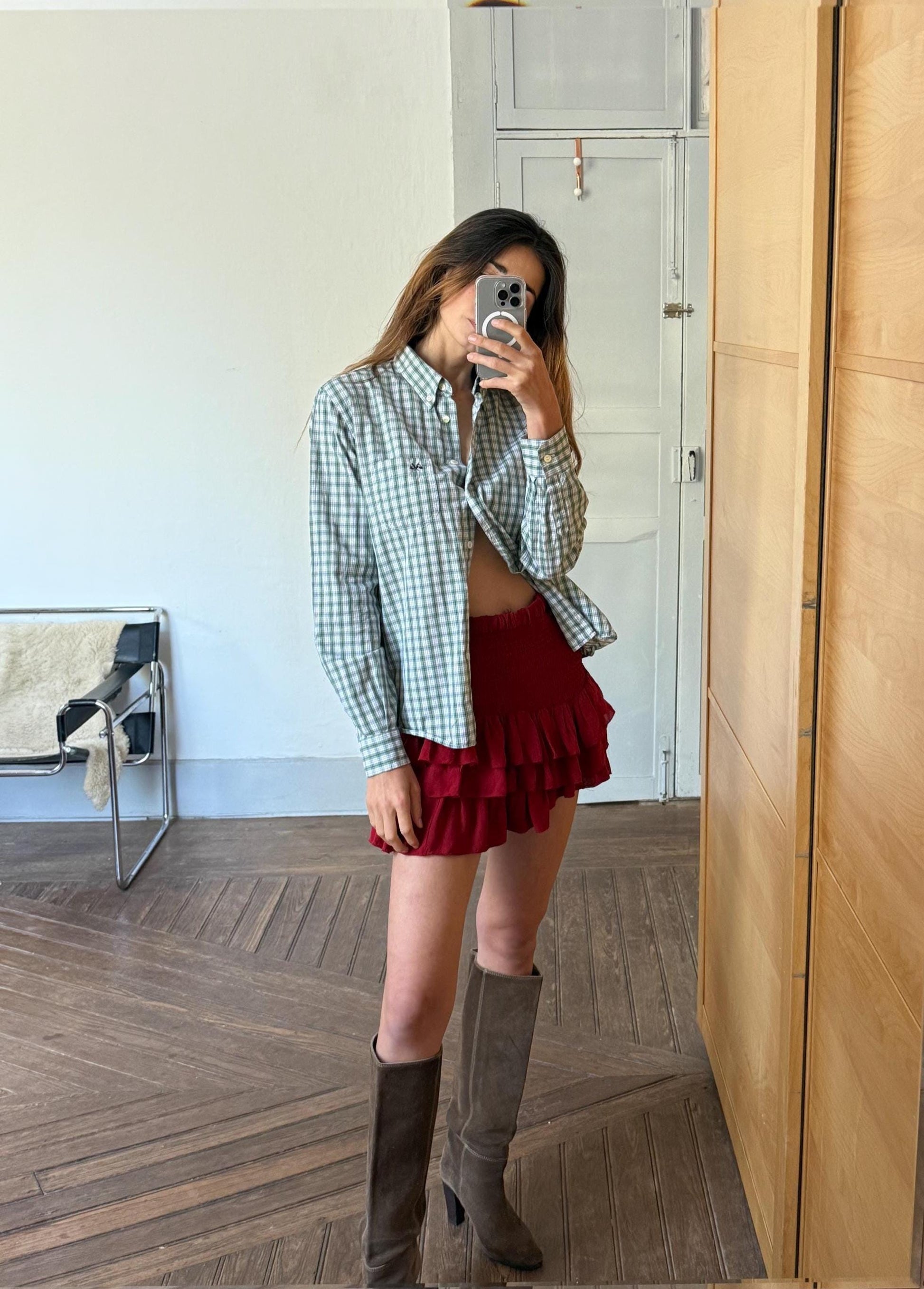 Vintage Thomas Burberry Check Shirt | Green & White 100% Cotton Button-Up | Size L - 44 |