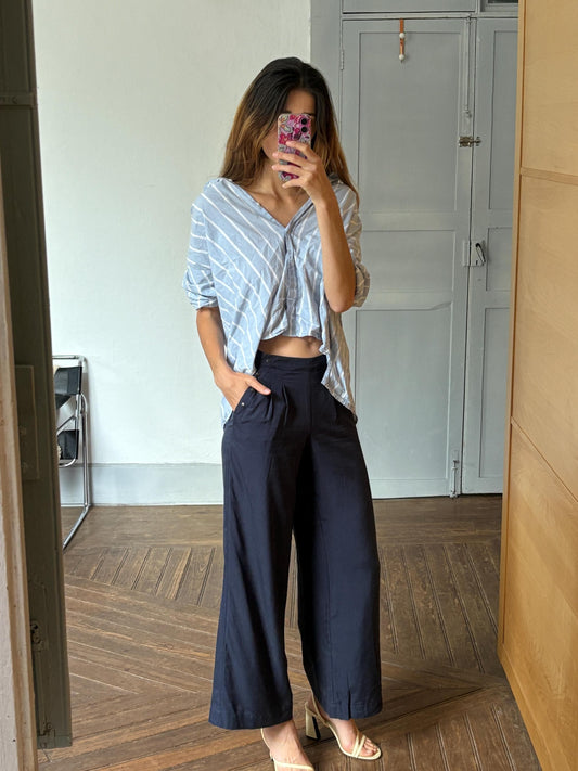 Navy Wide-Leg Pants | Lyocell High Waist Trousers | Soft Flowing Summer Trousers | XS Fit | Unworn with Tags |
