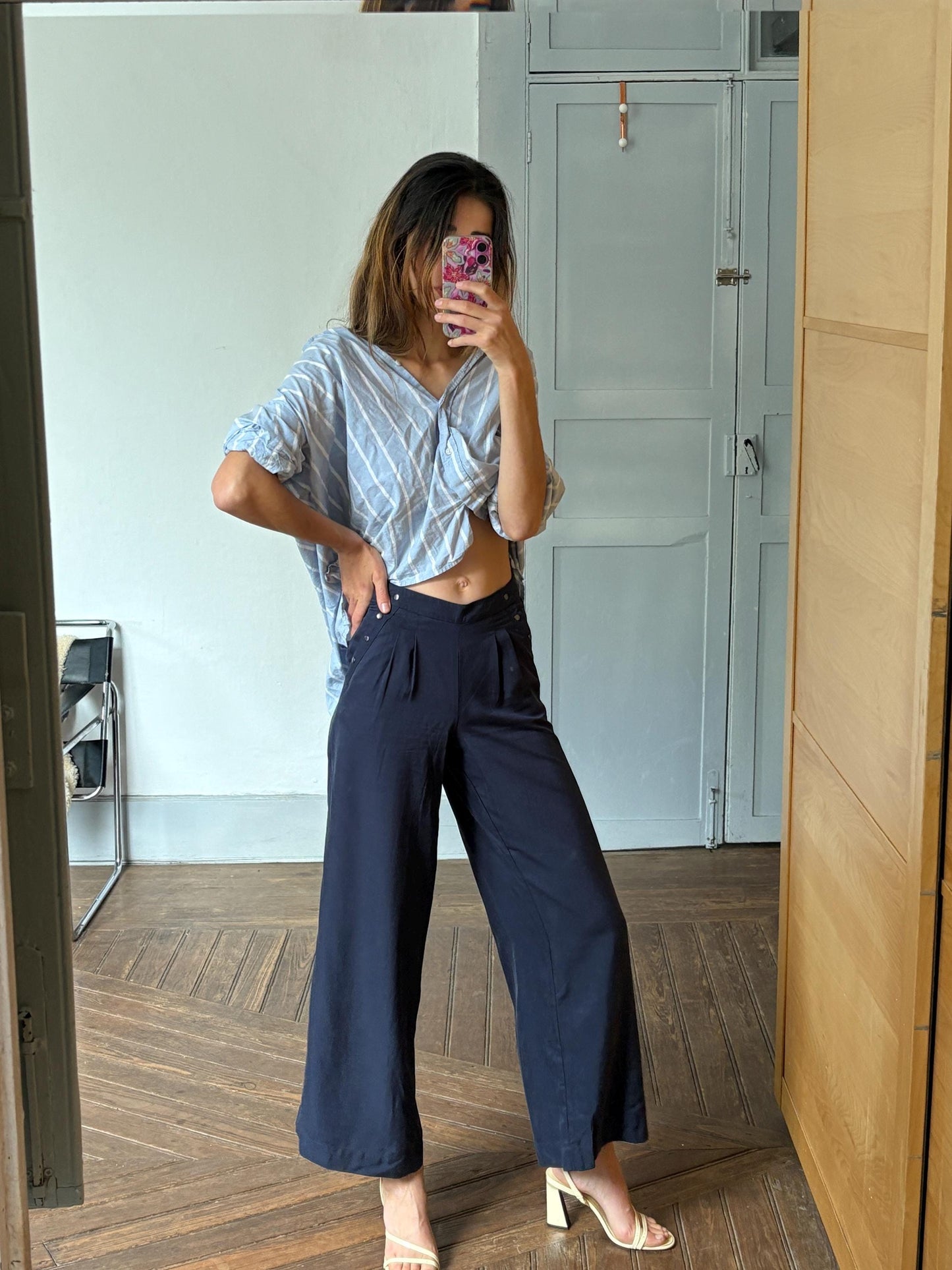 Navy Wide-Leg Pants | Lyocell High Waist Trousers | Soft Flowing Summer Trousers | XS Fit | Unworn with Tags |