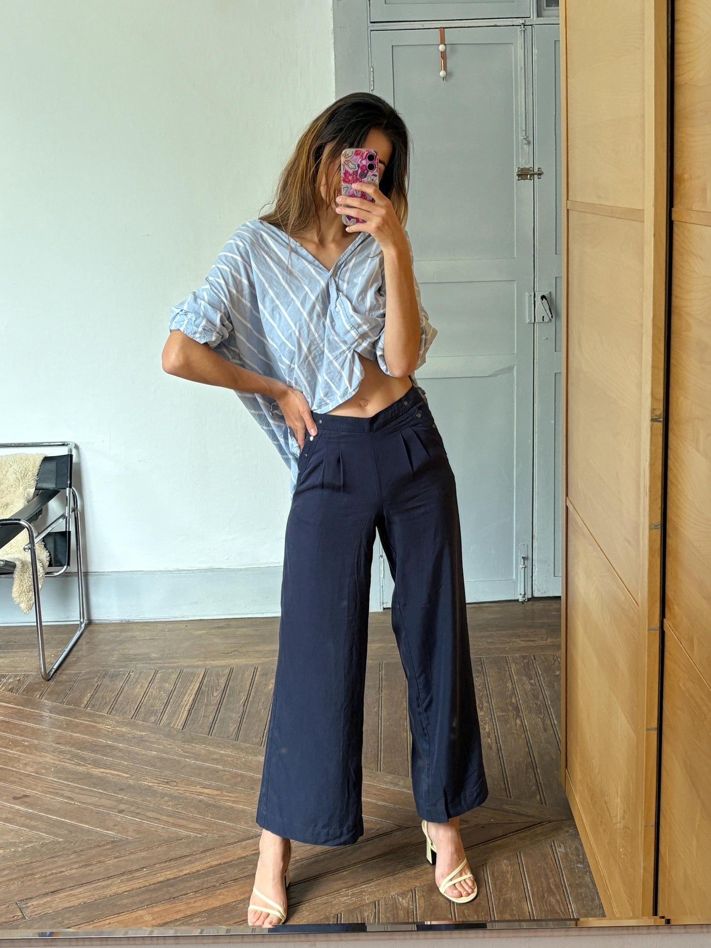 Navy Wide-Leg Pants | Lyocell High Waist Trousers | Soft Flowing Summer Trousers | XS Fit | Unworn with Tags |