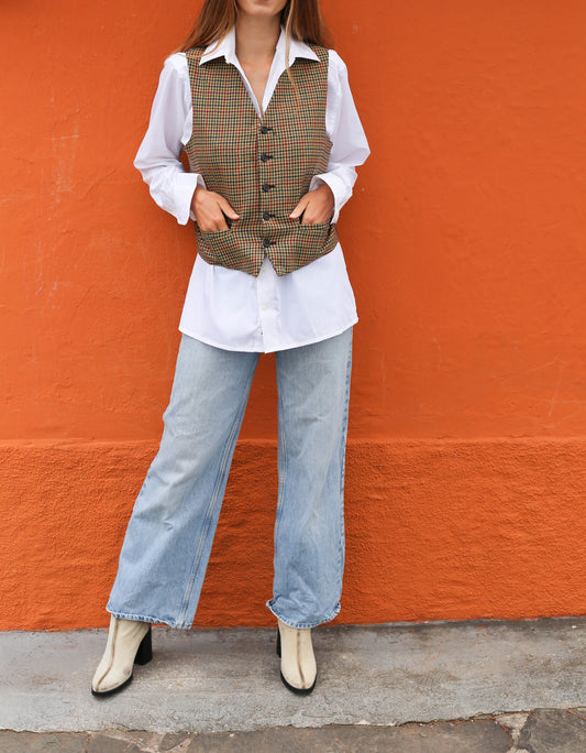 Vintage unisex oversized 80s dogtooth pattern shepherd's plaid blue brown wool vest, smart casual