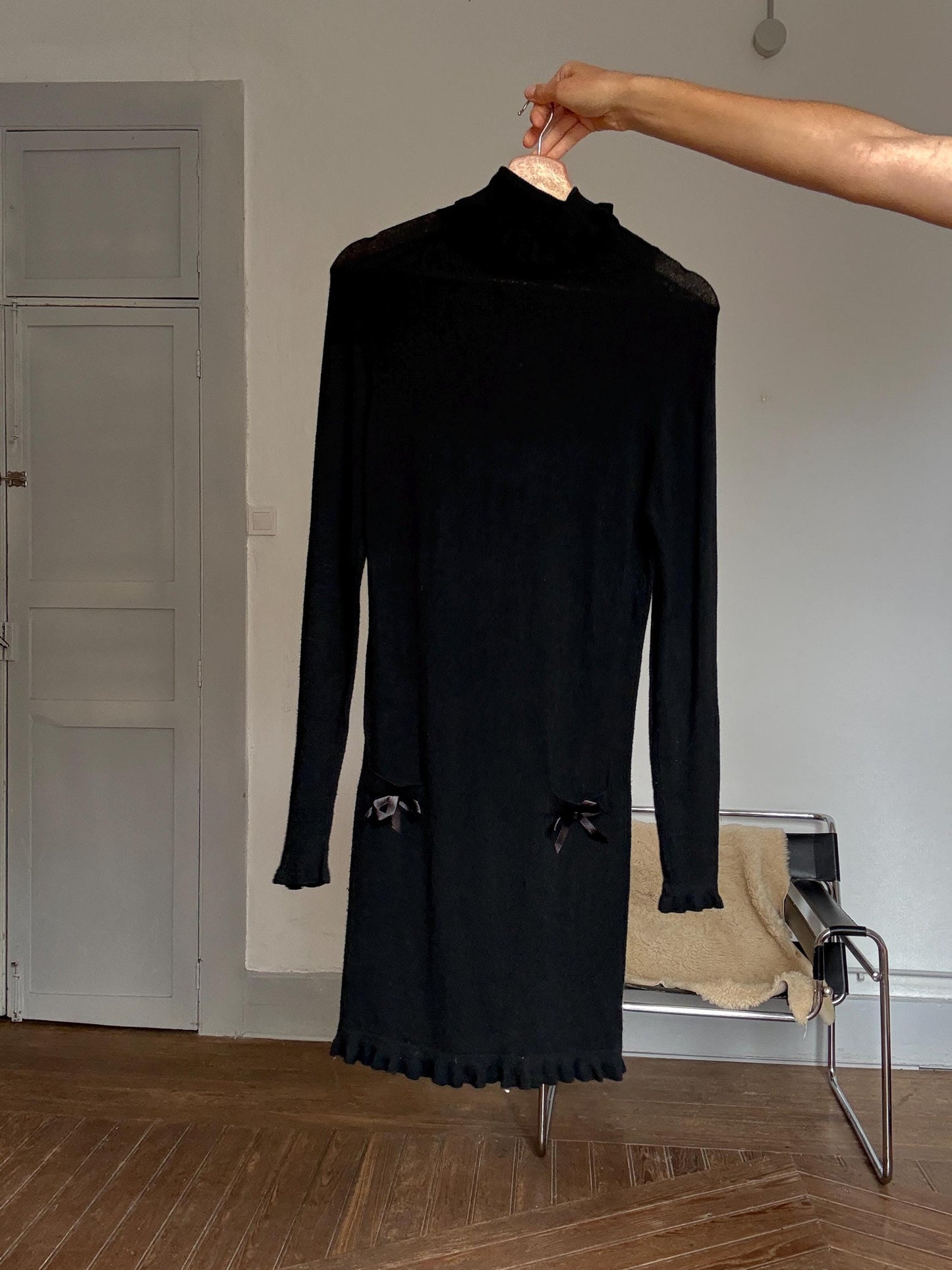 Vintage Black Wool Cashmere Mini Dress – Eva Rosa Collection – Long Sleeve Turtleneck Knit Dress with Bows – Soft Warm Winter Dress Size S-M