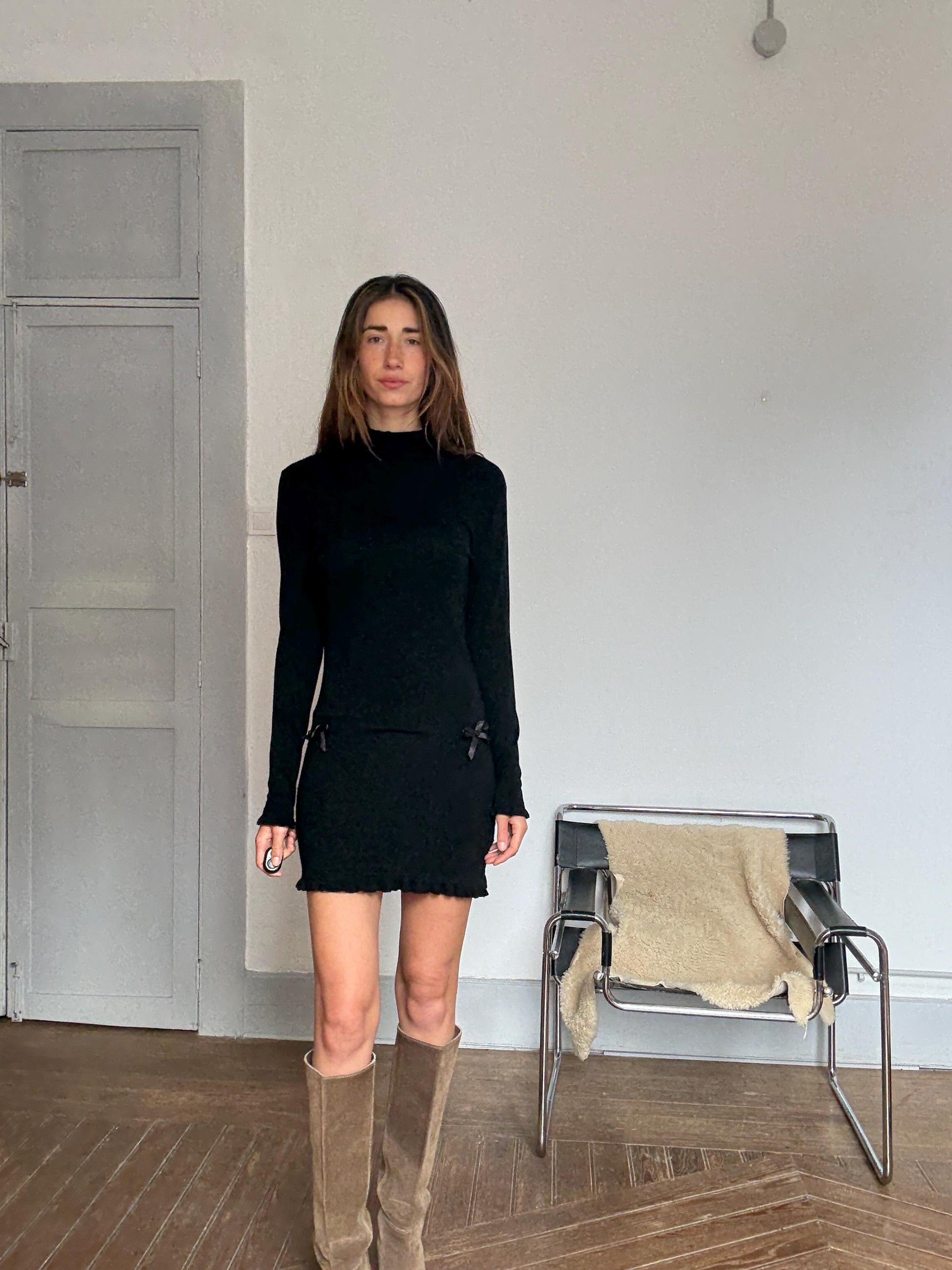 Vintage Black Wool Cashmere Mini Dress – Eva Rosa Collection – Long Sleeve Turtleneck Knit Dress with Bows – Soft Warm Winter Dress Size S-M