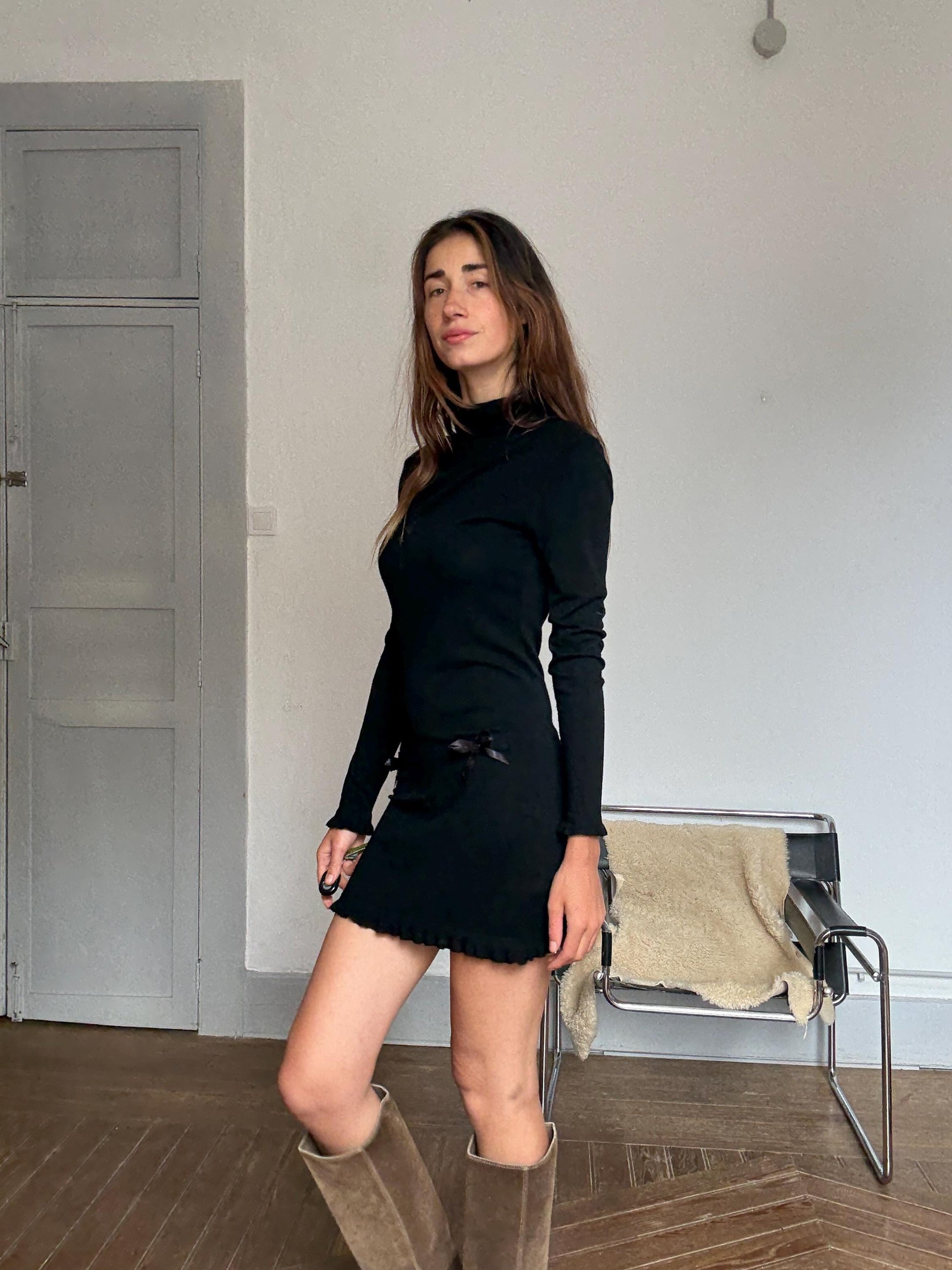 Vintage Black Wool Cashmere Mini Dress – Eva Rosa Collection – Long Sleeve Turtleneck Knit Dress with Bows – Soft Warm Winter Dress Size S-M
