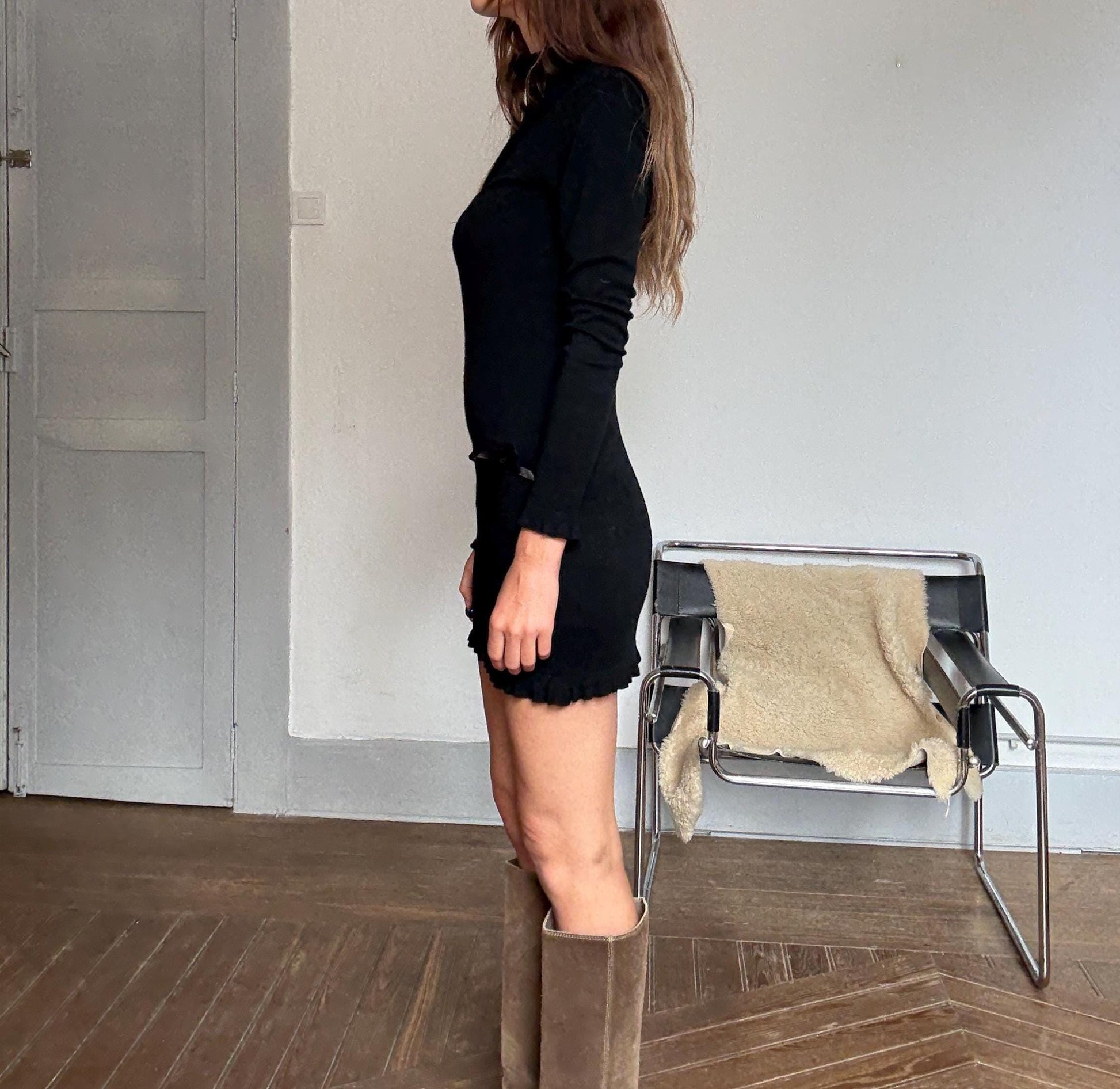 Vintage Black Wool Cashmere Mini Dress – Eva Rosa Collection – Long Sleeve Turtleneck Knit Dress with Bows – Soft Warm Winter Dress Size S-M