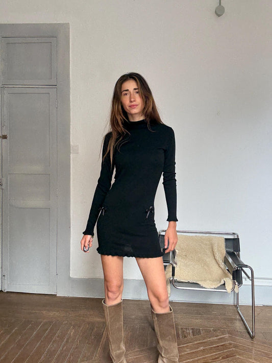 Vintage Black Wool Cashmere Mini Dress – Eva Rosa Collection – Long Sleeve Turtleneck Knit Dress with Bows – Soft Warm Winter Dress Size S-M