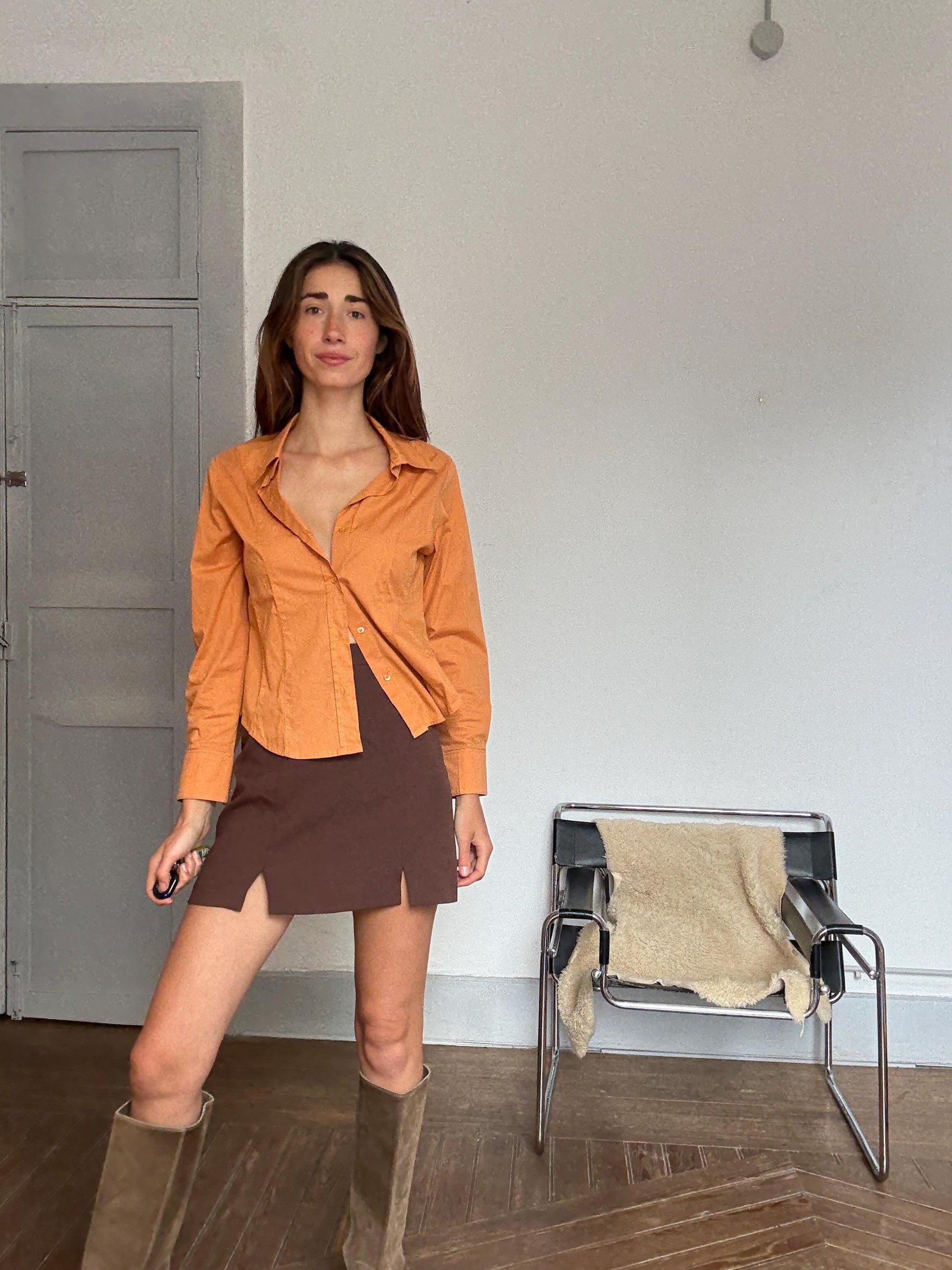 Y2K vintage orange button-down shirt – cotton stretch long sleeve top with tie front styling option (fits S-M)