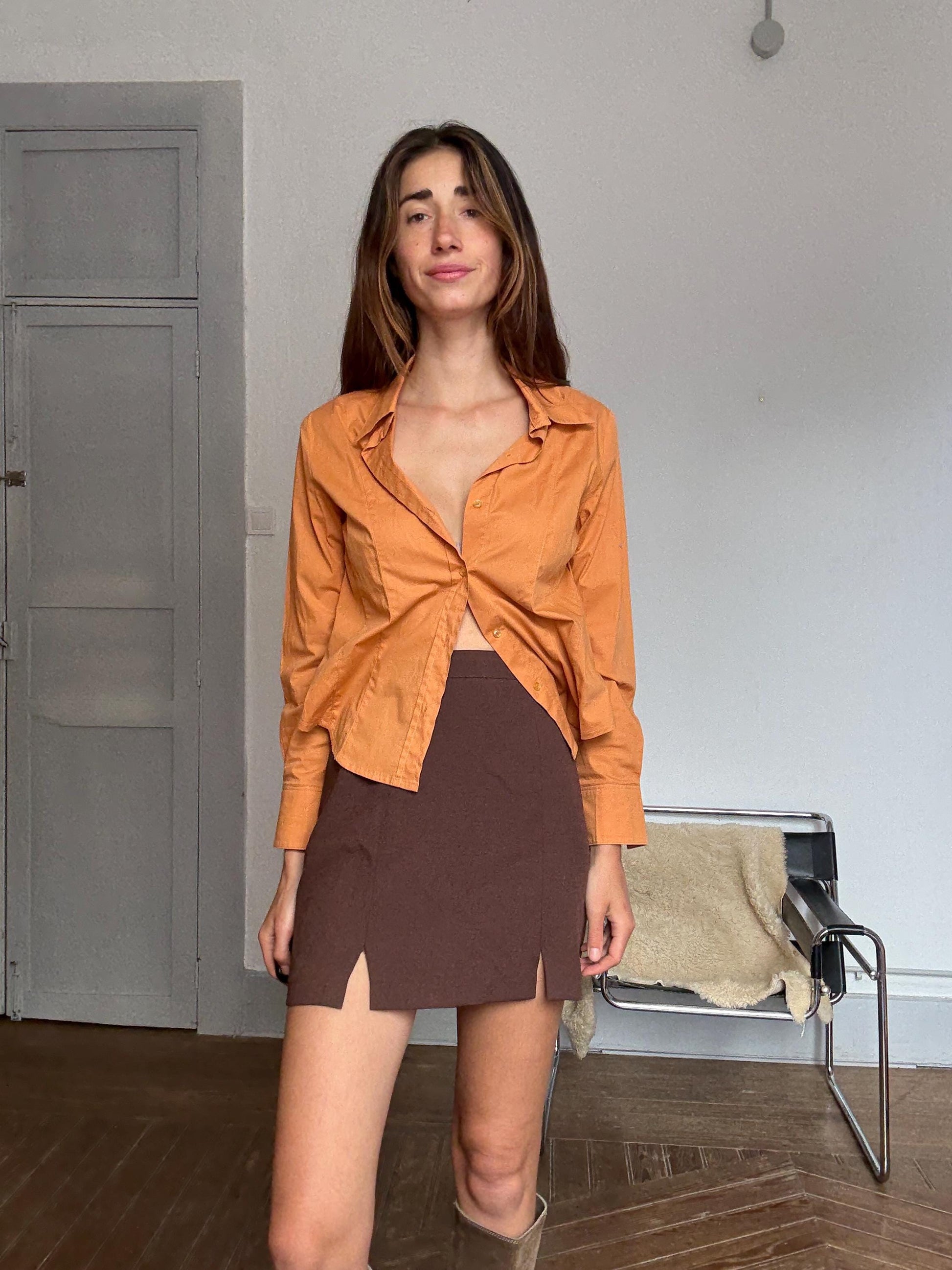 Y2K vintage orange button-down shirt – cotton stretch long sleeve top with tie front styling option (fits S-M)