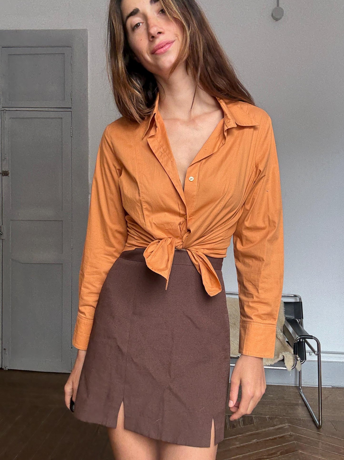 Y2K vintage orange button-down shirt – cotton stretch long sleeve top with tie front styling option (fits S-M)