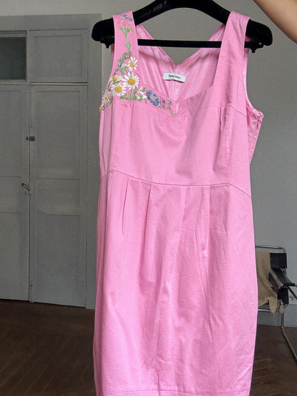Vintage pink sleeveless dress with floral embroidery, size L-XL