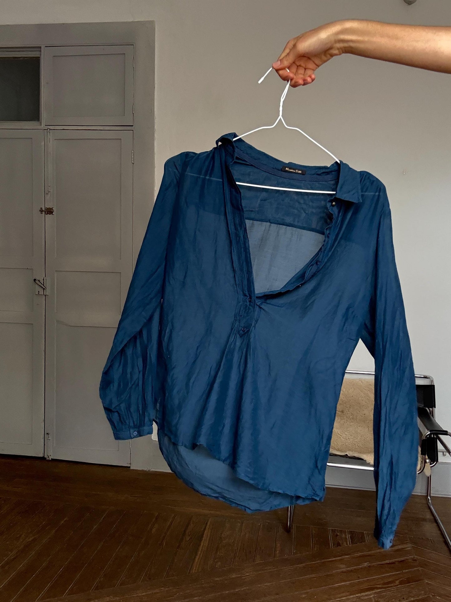 Massimo Dutti navy blue silk sheer blouse – luxury secondhand button down shirt, elegant minimalist top, Size S