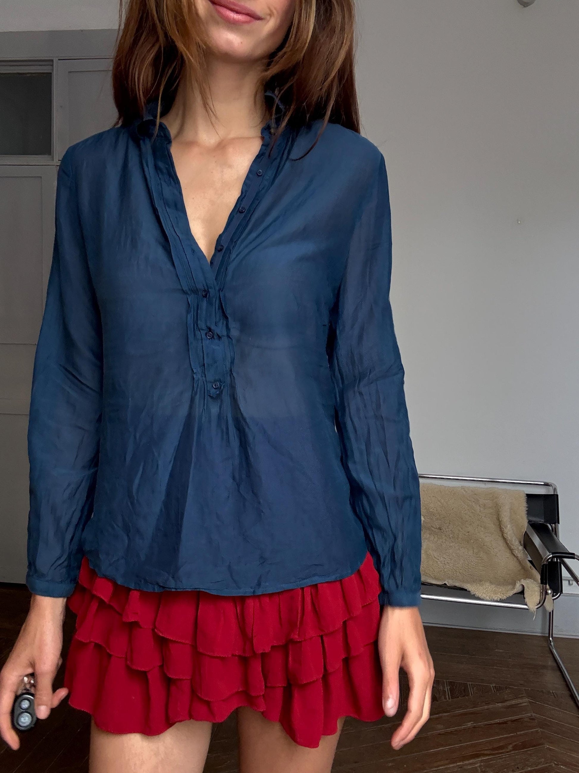 Massimo Dutti navy blue silk sheer blouse – luxury secondhand button down shirt, elegant minimalist top, Size S