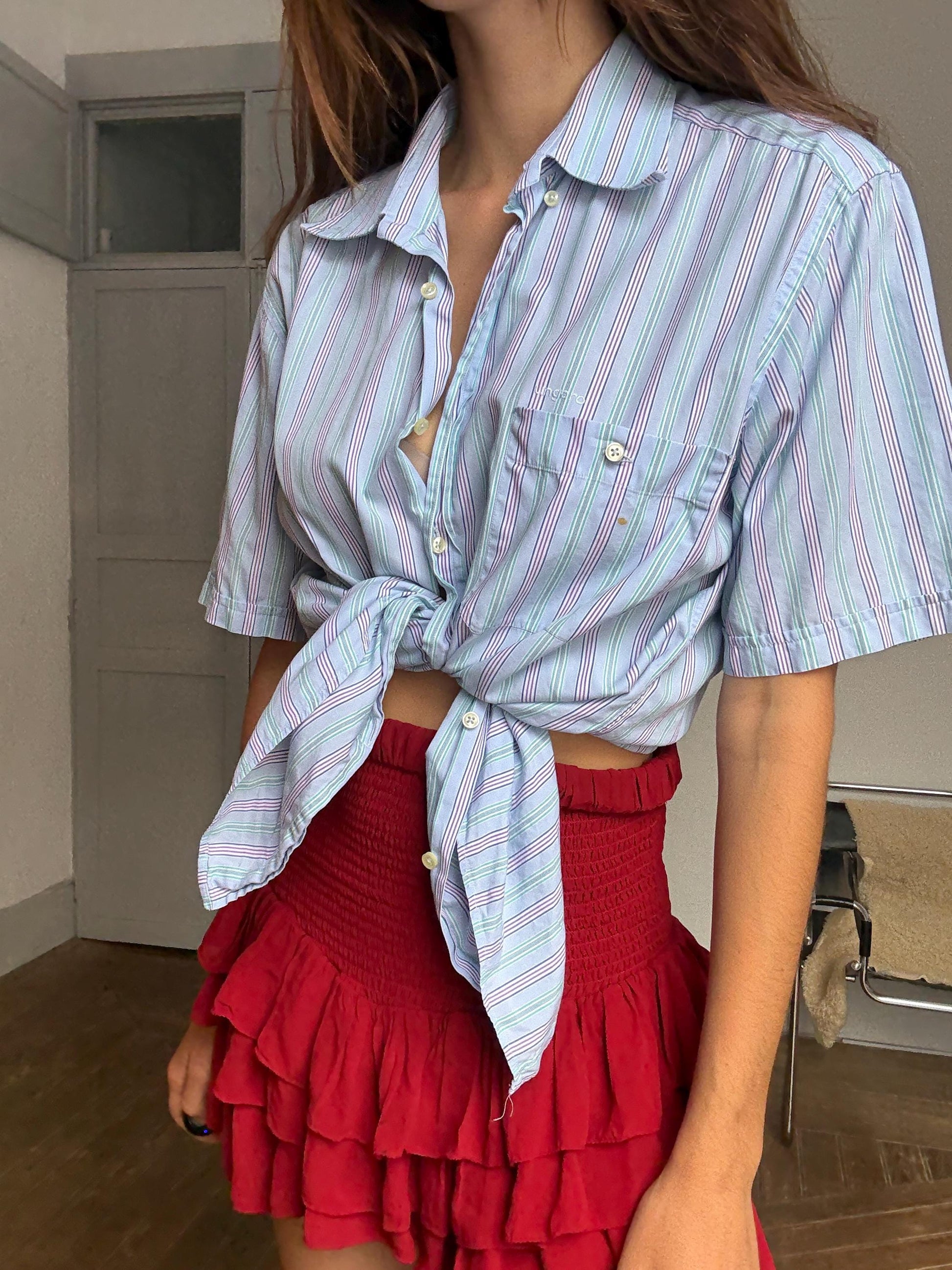 Vintage Ungaro Men’s Striped Shirt – Unisex Fit, French Designer, Button Down, Size L/XL, Styled Cropped or Loose