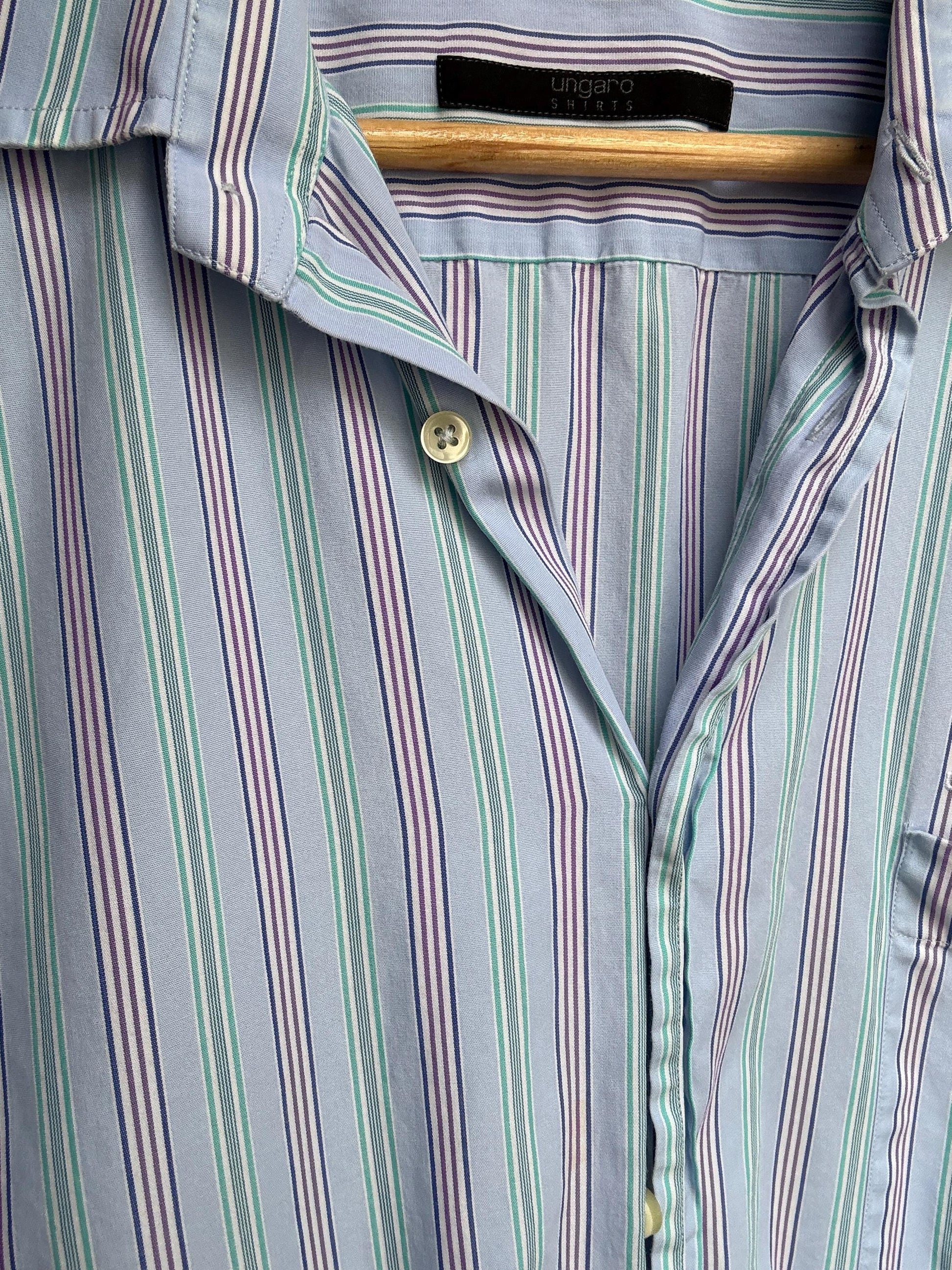 Vintage Ungaro Men’s Striped Shirt – Unisex Fit, French Designer, Button Down, Size L/XL, Styled Cropped or Loose