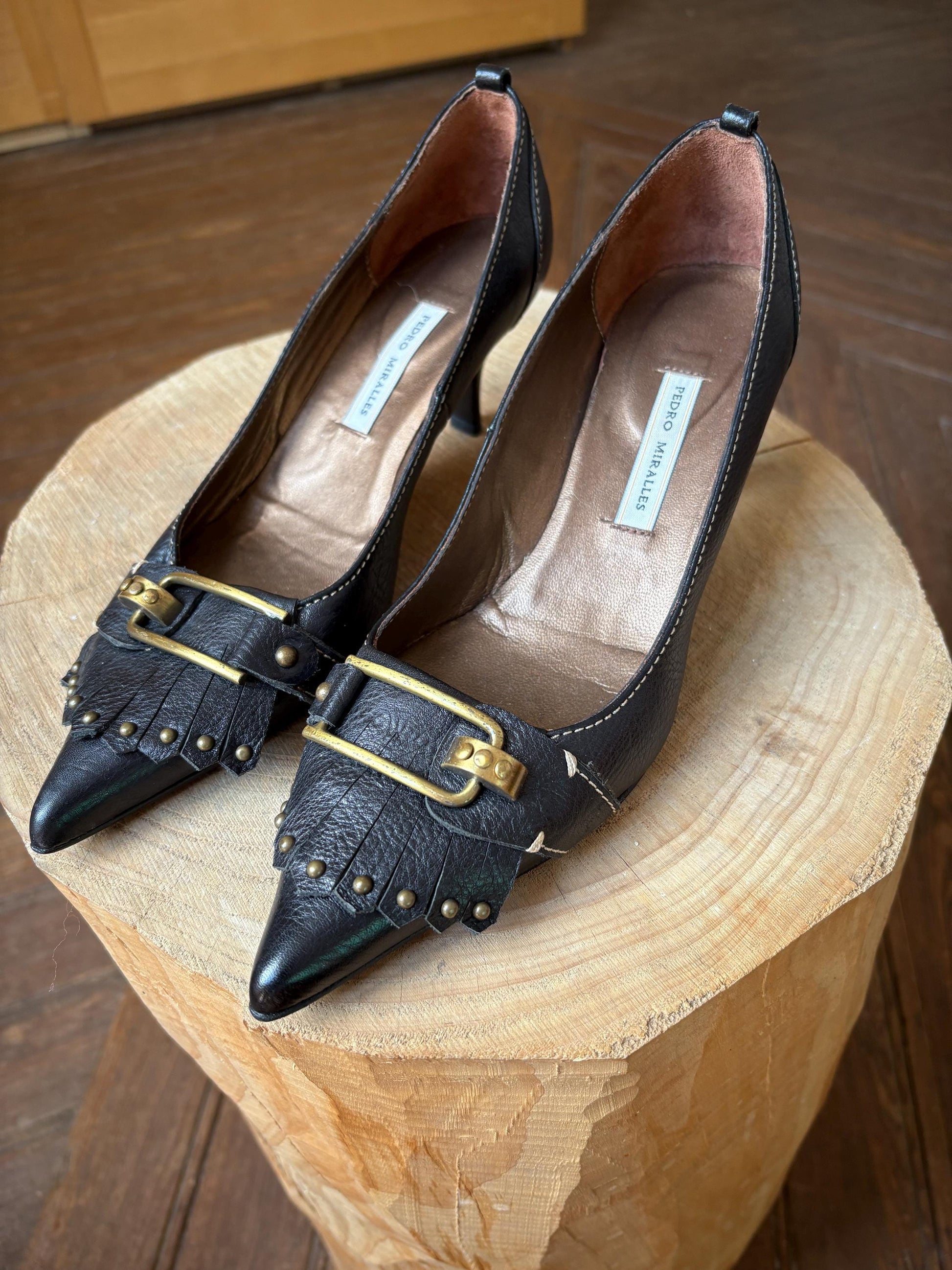 Vintage Pedro Miralles Heels – 90s Black Leather Pointed Toe Pumps, Size 37, Made in Spain, Unworn