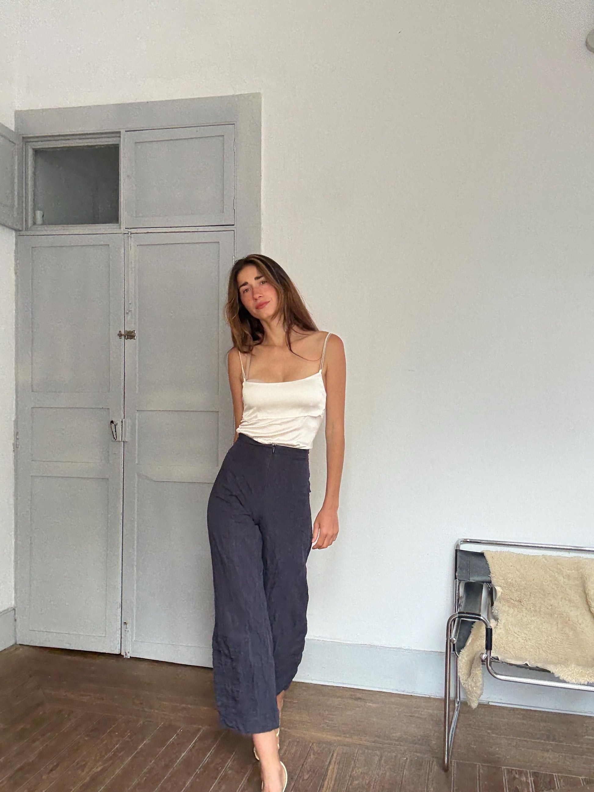 Vintage Sarah Pacini navy blue wide-leg pants – 90s avant-garde Italian designer, cotton & metal blend, size xs - S, made in Italy