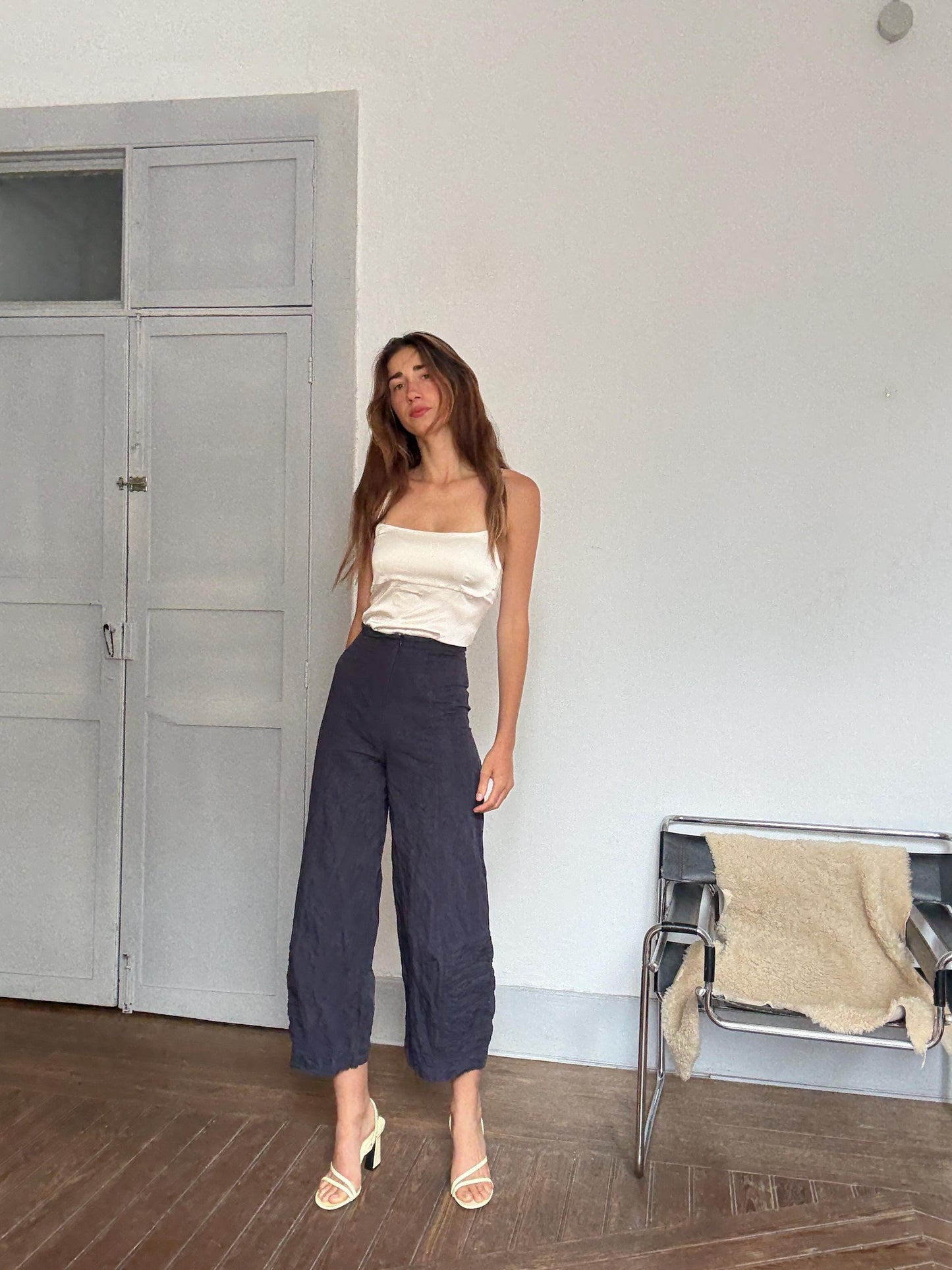 Vintage Sarah Pacini navy blue wide-leg pants – 90s avant-garde Italian designer, cotton & metal blend, size xs - S, made in Italy