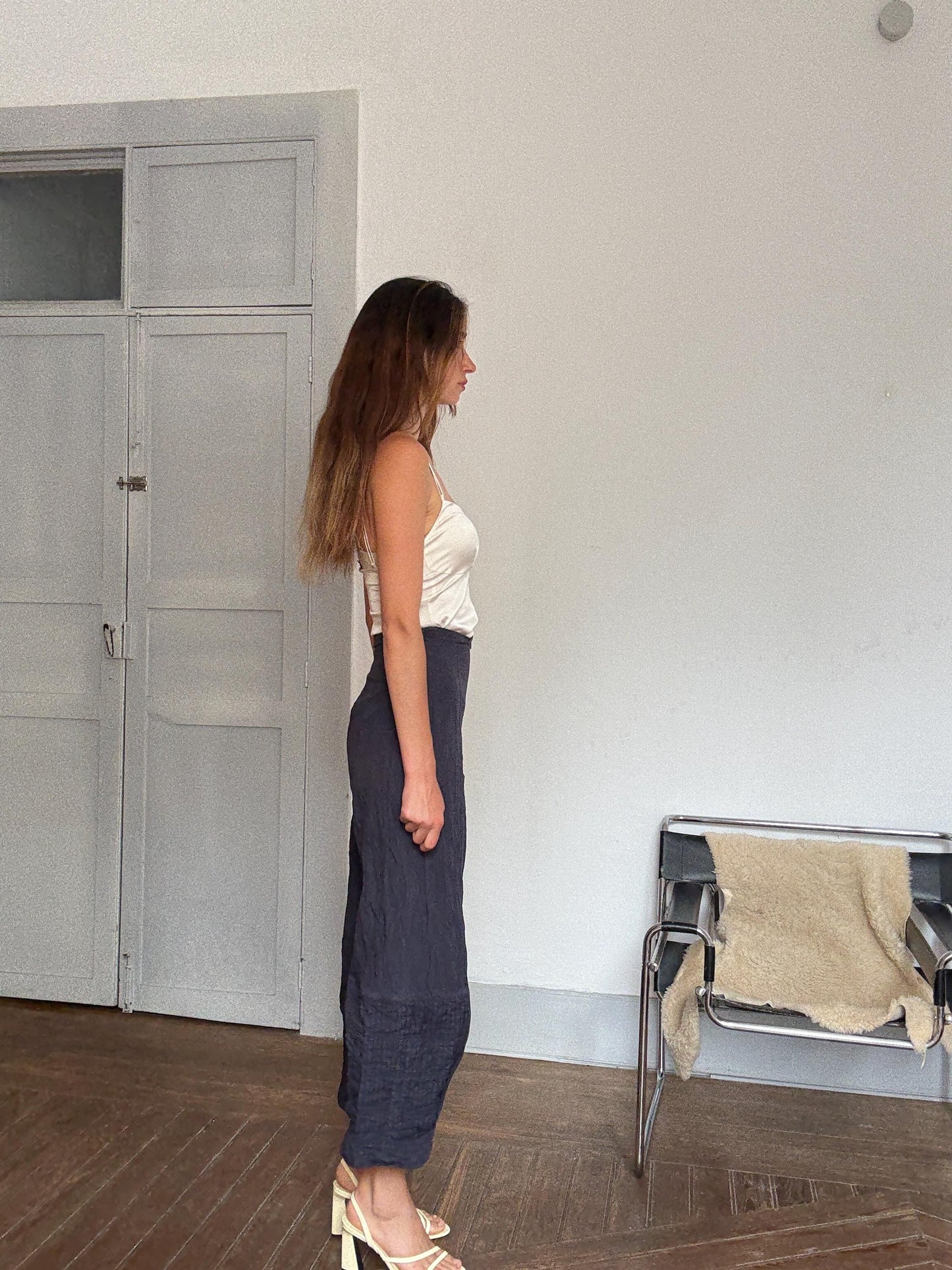 Vintage Sarah Pacini navy blue wide-leg pants – 90s avant-garde Italian designer, cotton & metal blend, size xs - S, made in Italy