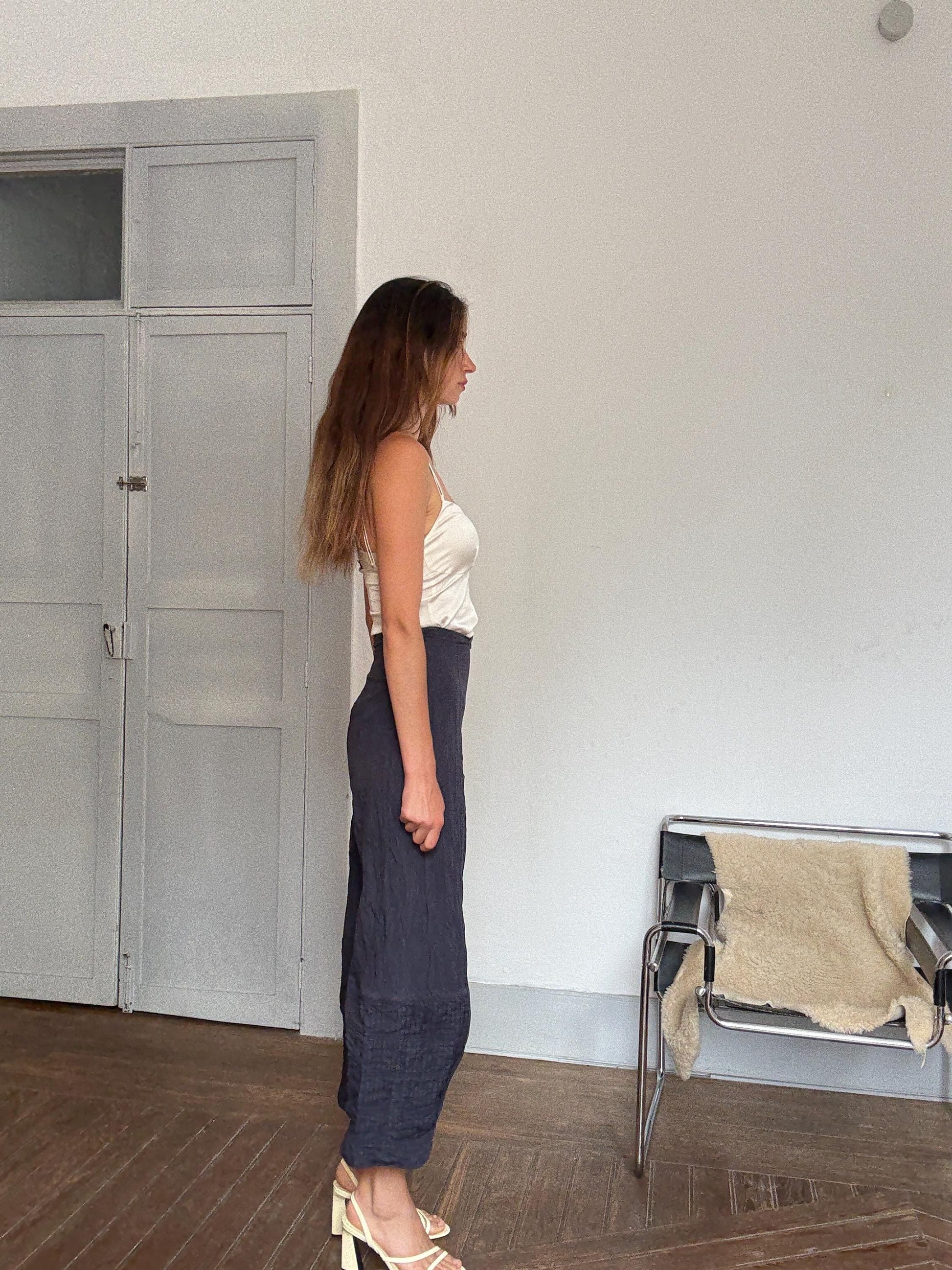 Vintage Sarah Pacini navy blue wide-leg pants – 90s avant-garde Italian designer, cotton & metal blend, size xs - S, made in Italy