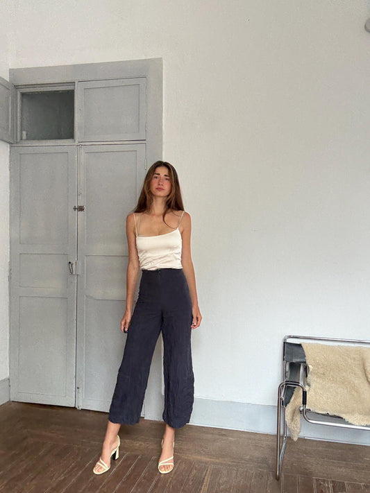 Vintage Sarah Pacini navy blue wide-leg pants – 90s avant-garde Italian designer, cotton & metal blend, size xs - S, made in Italy