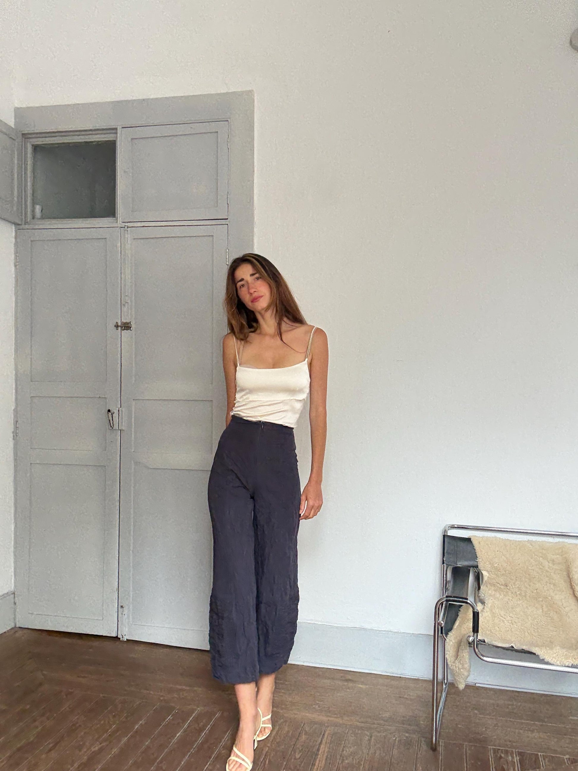 Vintage Sarah Pacini navy blue wide-leg pants – 90s avant-garde Italian designer, cotton & metal blend, size xs - S, made in Italy