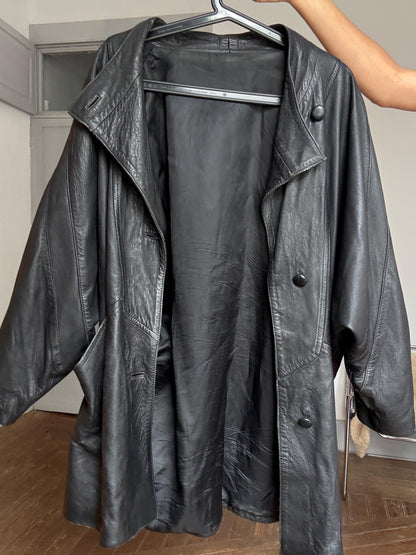 Vintage Black Leather Oversized Coat — fabric close-up