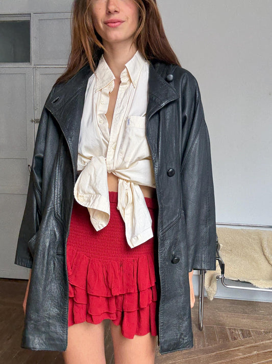 Vintage Black Leather Oversized Coat | Real Sheepskin Leather Jacket | 80s Style | Boxy Fit | Grunge Chic | Size L-XL | Statement Piece