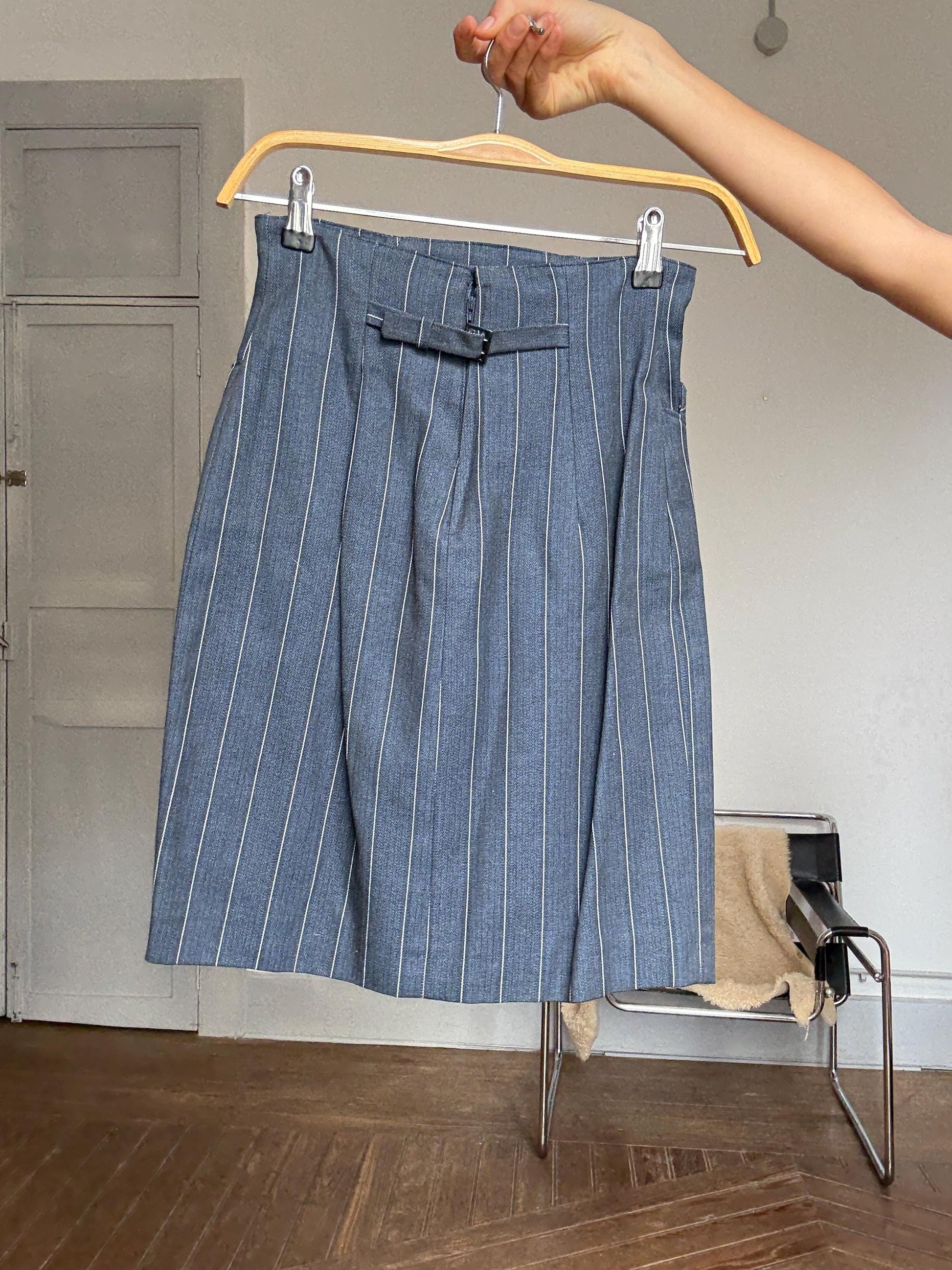 Vintage Italian Pinstripe Skirt | Jacquemus Vibes | Unworn One of a Kind | Officecore Minimal Style, Size XS-S, Petite body frame