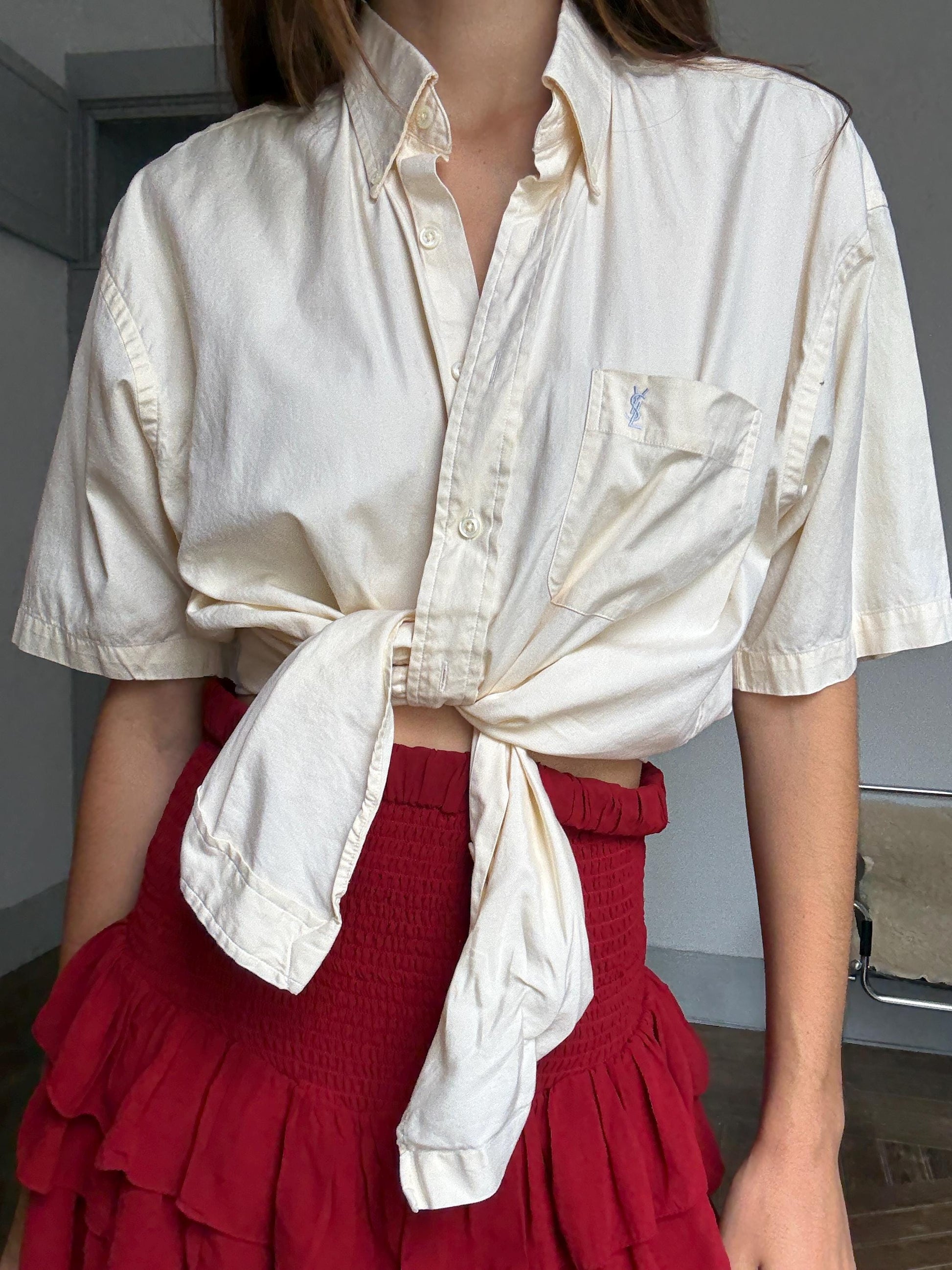 Luxe Vintage YSL pour homme button down shirt, Oversized boyfriend blouse, Preppy dark academia clothing, Size L, Cotton summer wear