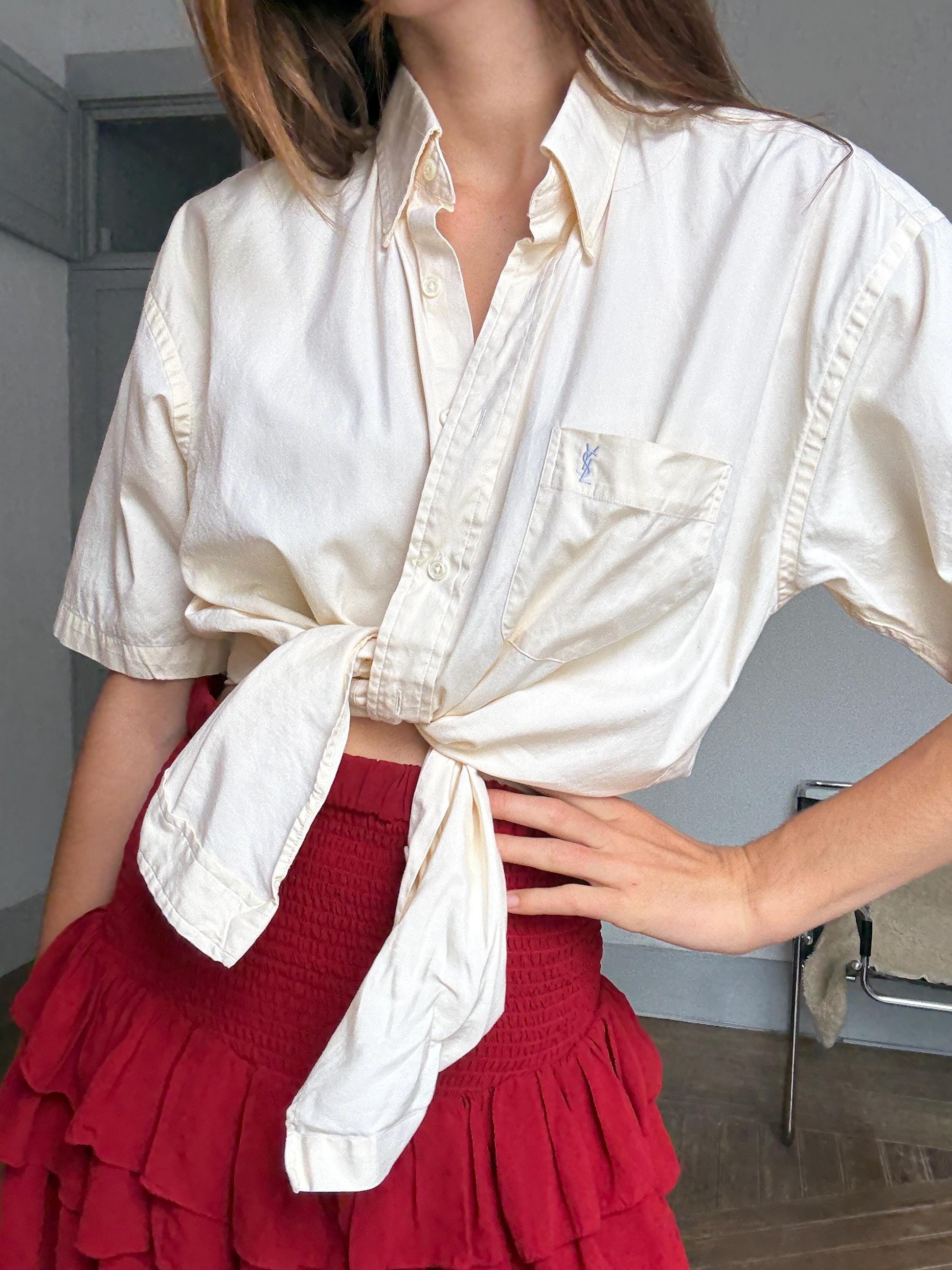 Luxe Vintage YSL pour homme button down shirt, Oversized boyfriend blouse, Preppy dark academia clothing, Size L, Cotton summer wear