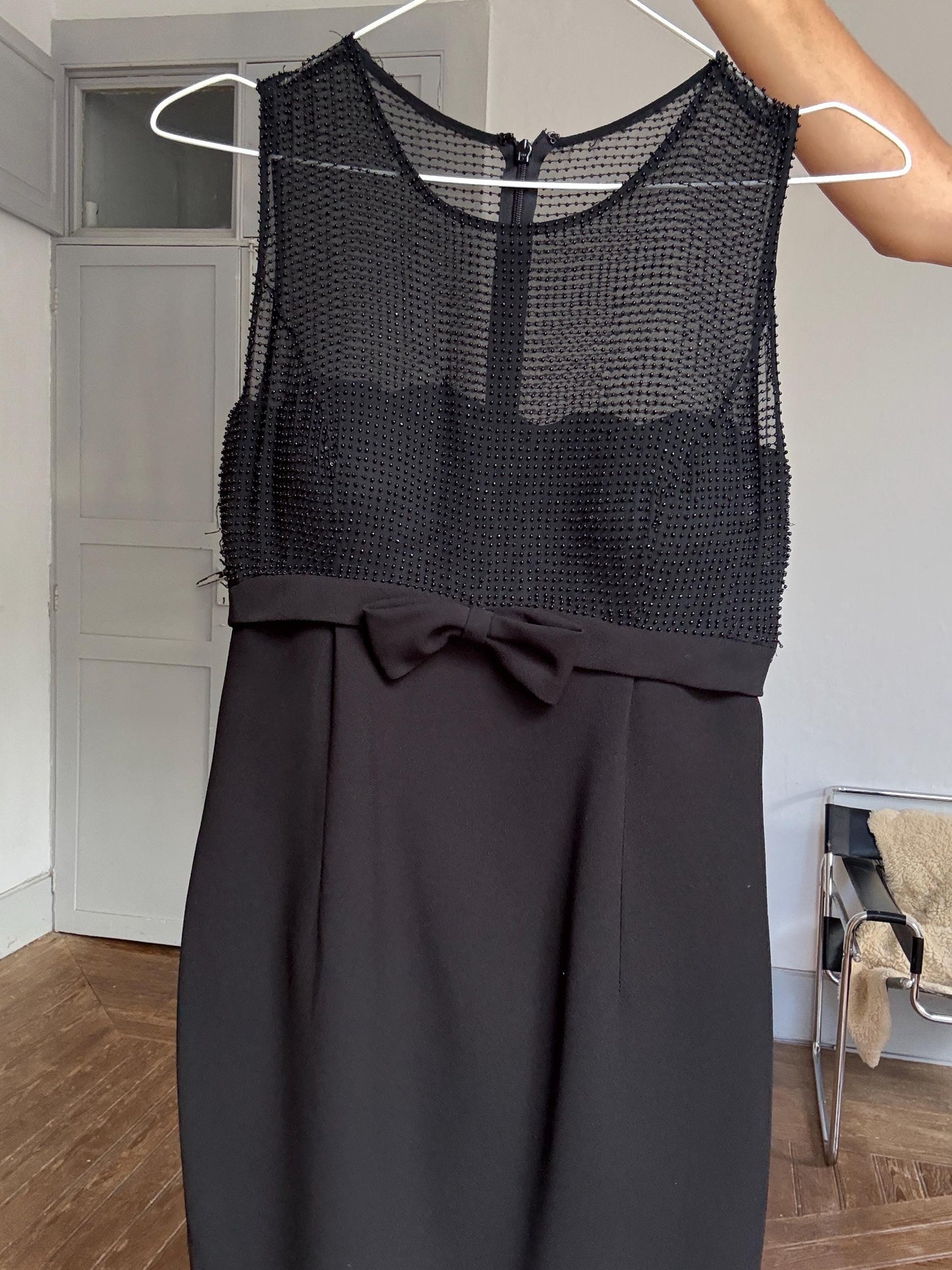 Vintage Pronovias Black Mini Dress with Sheer Beaded Bodice and Bow Detail – Elegant Party Look, Festive formal short sheer dress, XS