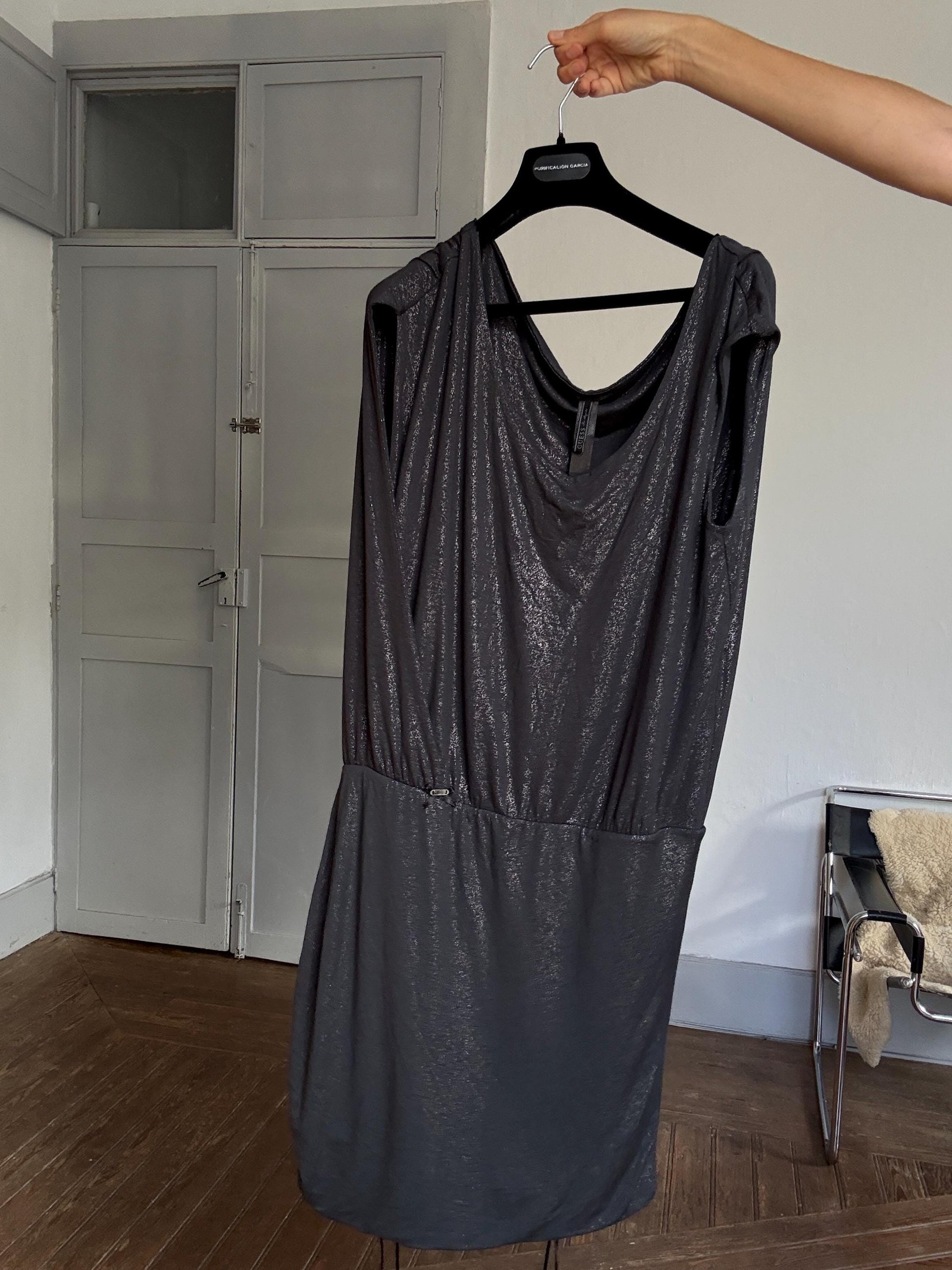 Vintage GUESS metallic charcoal draped mini dress – slinky shimmer partywear perfection