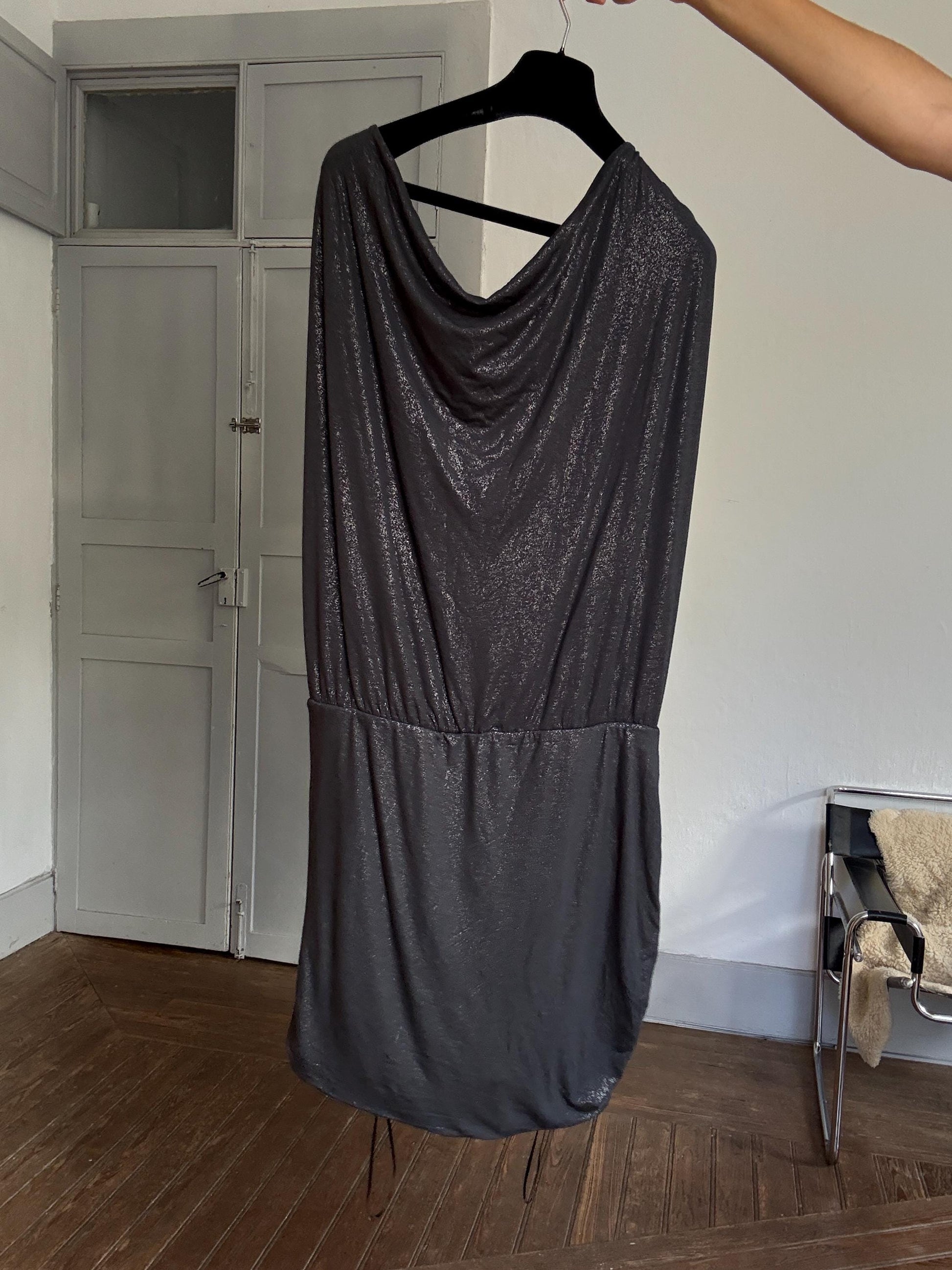 Vintage GUESS metallic charcoal draped mini dress – slinky shimmer partywear perfection