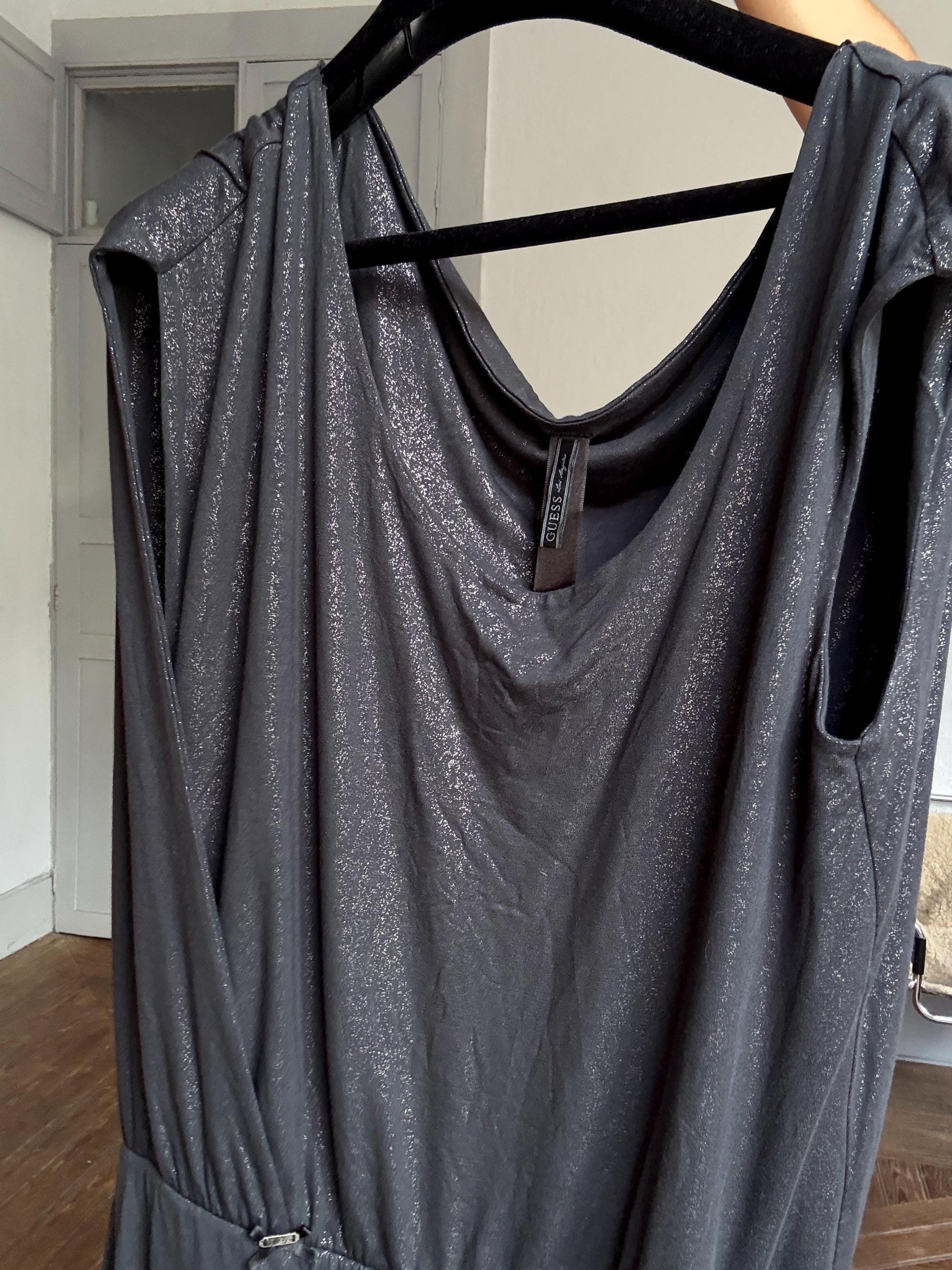 Vintage GUESS metallic charcoal draped mini dress – slinky shimmer partywear perfection