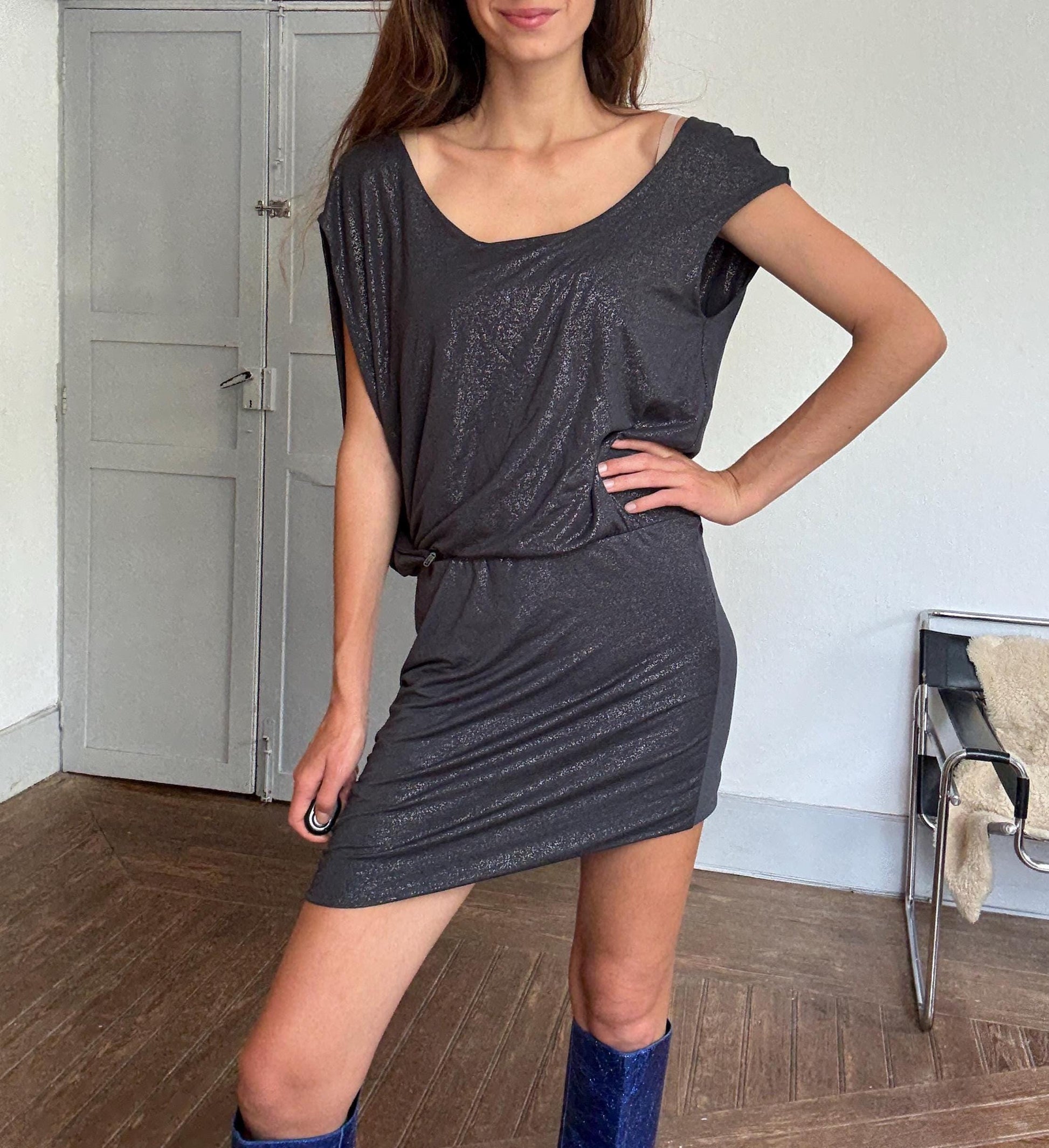 Vintage GUESS metallic charcoal draped mini dress – slinky shimmer partywear perfection