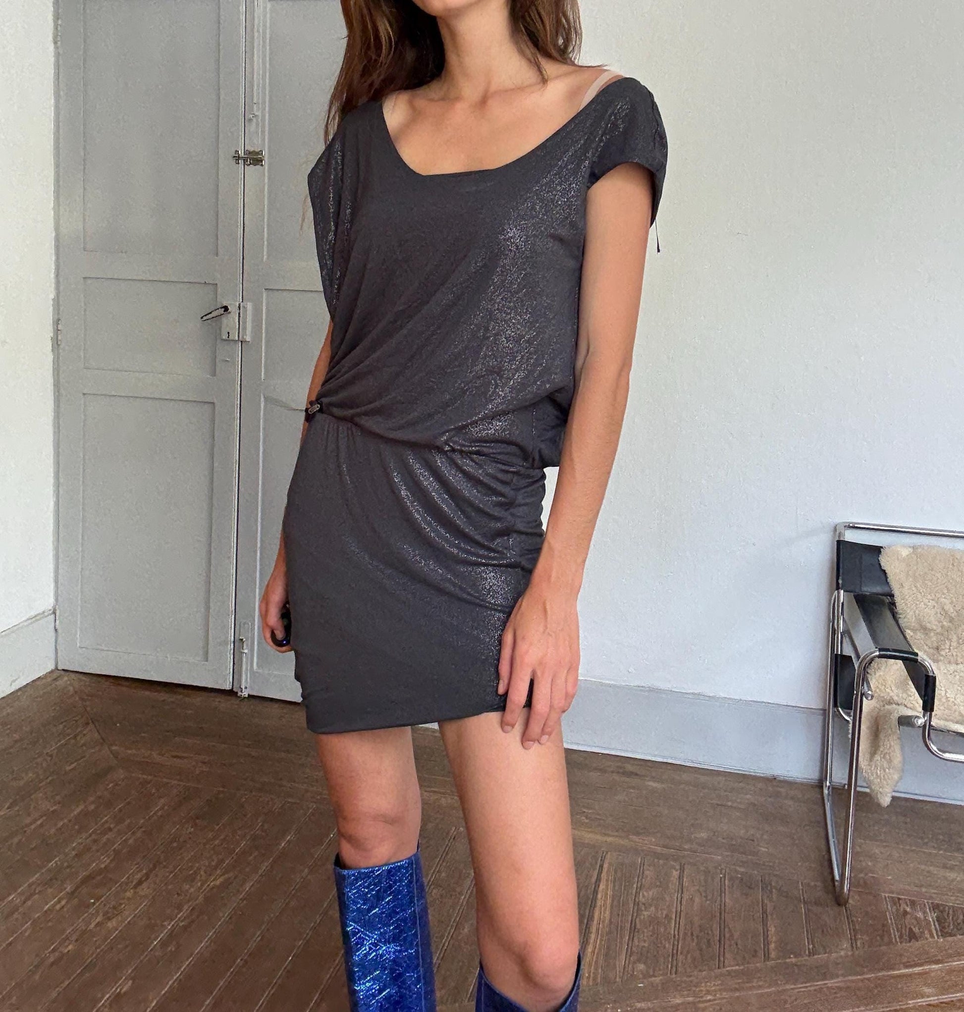 Vintage GUESS metallic charcoal draped mini dress – slinky shimmer partywear perfection