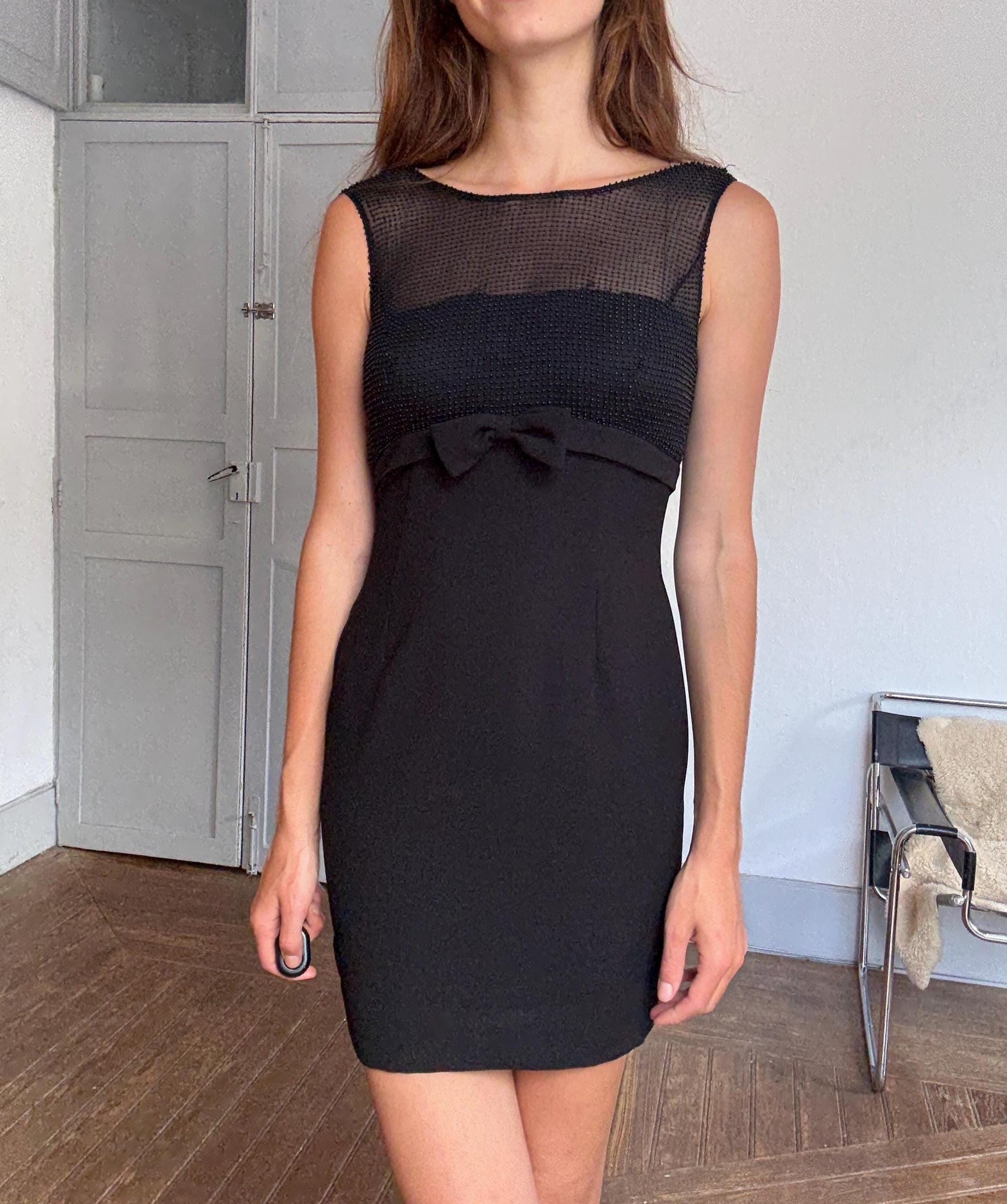 Vintage Pronovias Black Mini Dress with Sheer Beaded Bodice and Bow Detail – Elegant Party Look, Festive formal short sheer dress, XS