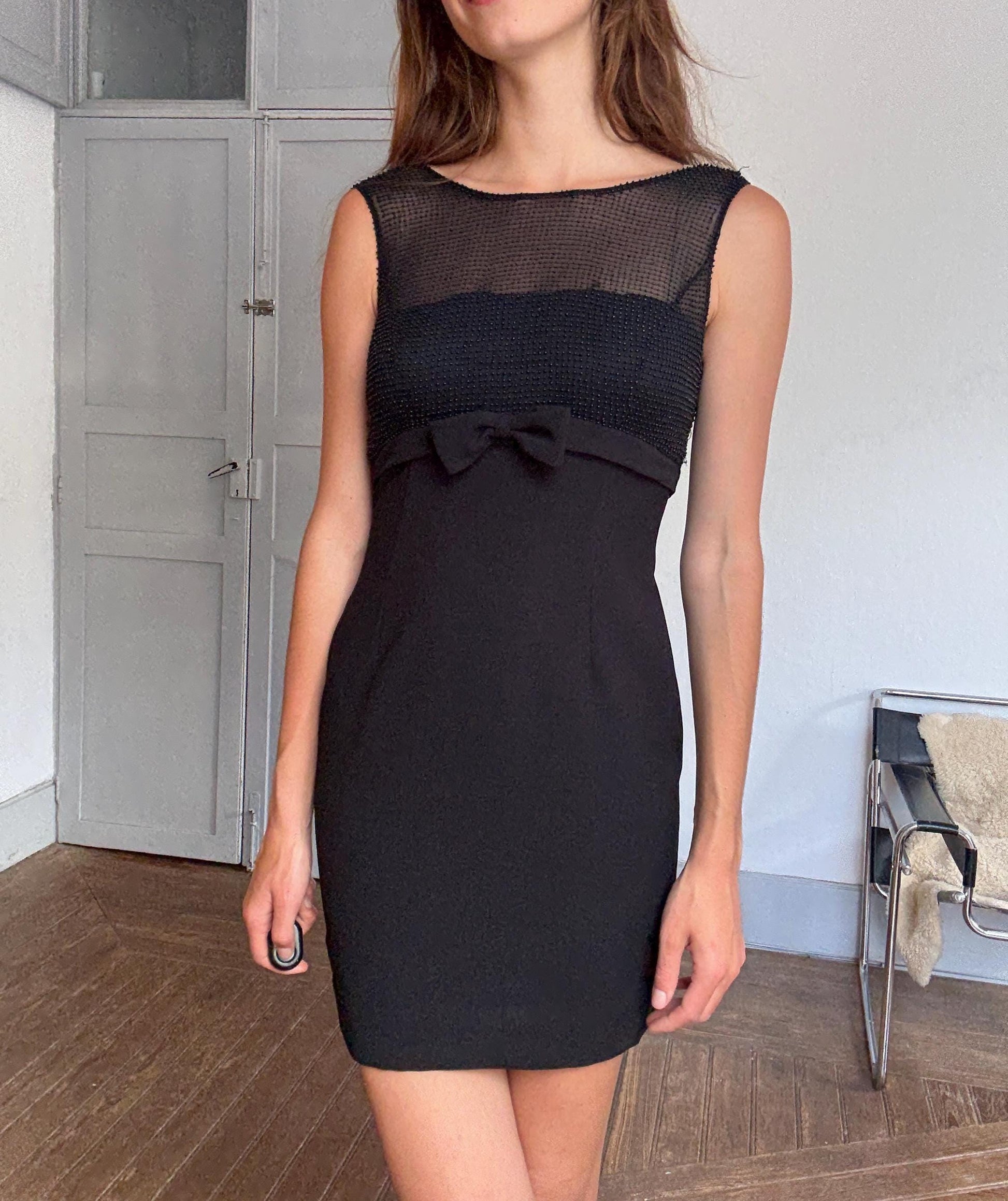 Vintage Pronovias Black Mini Dress with Sheer Beaded Bodice and Bow Detail – Elegant Party Look, Festive formal short sheer dress, XS