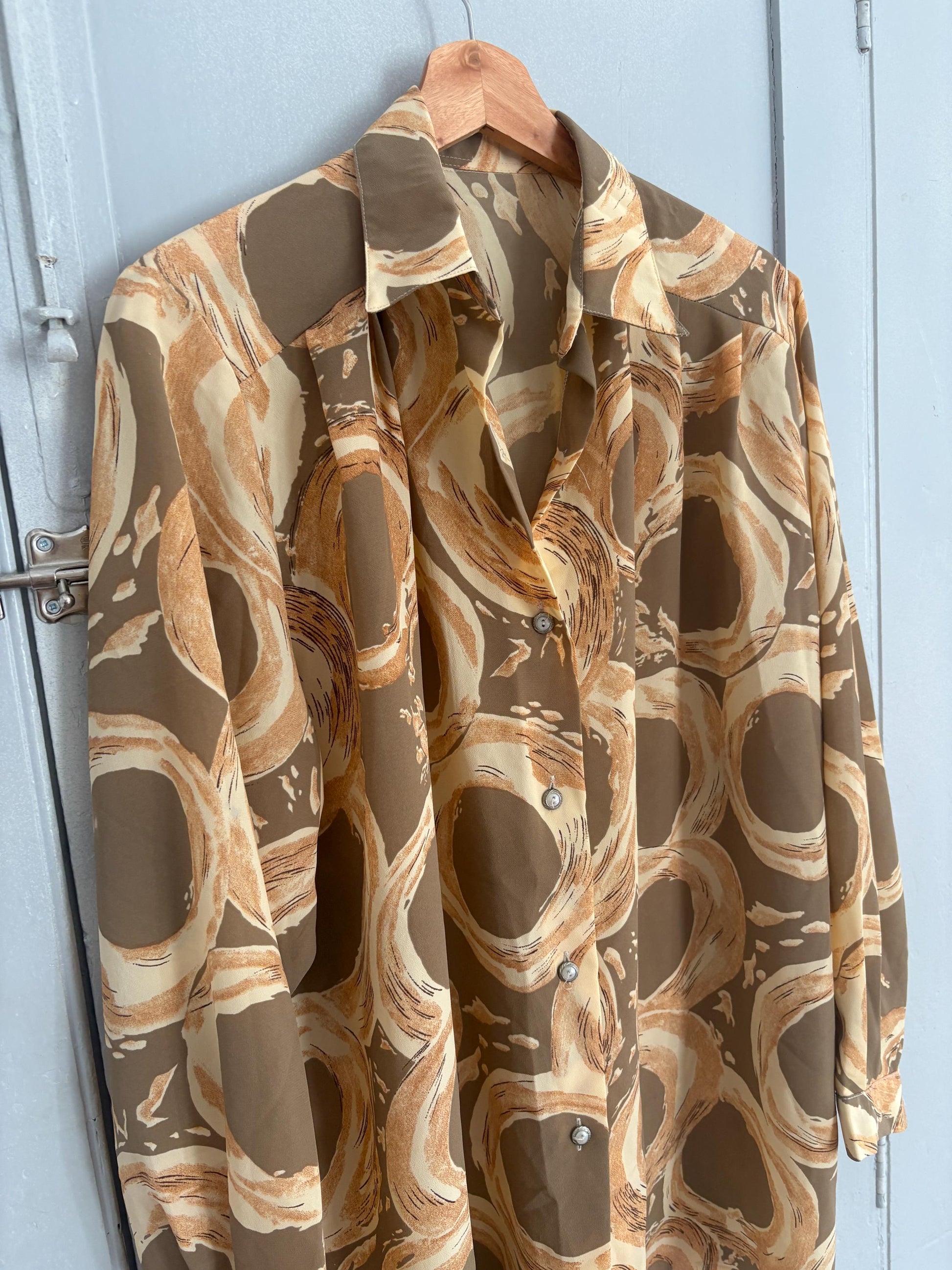 Vintage groovy abstract print summer blouse, oversized fit, breezy and cool, 70s retro vibes,